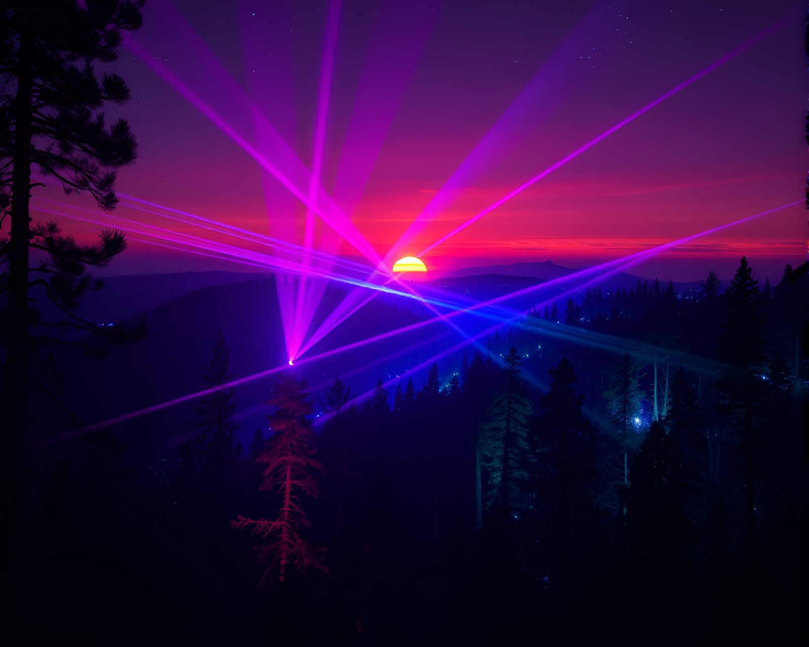 Majestic scene of glowing forest under colorful sunset with laser light