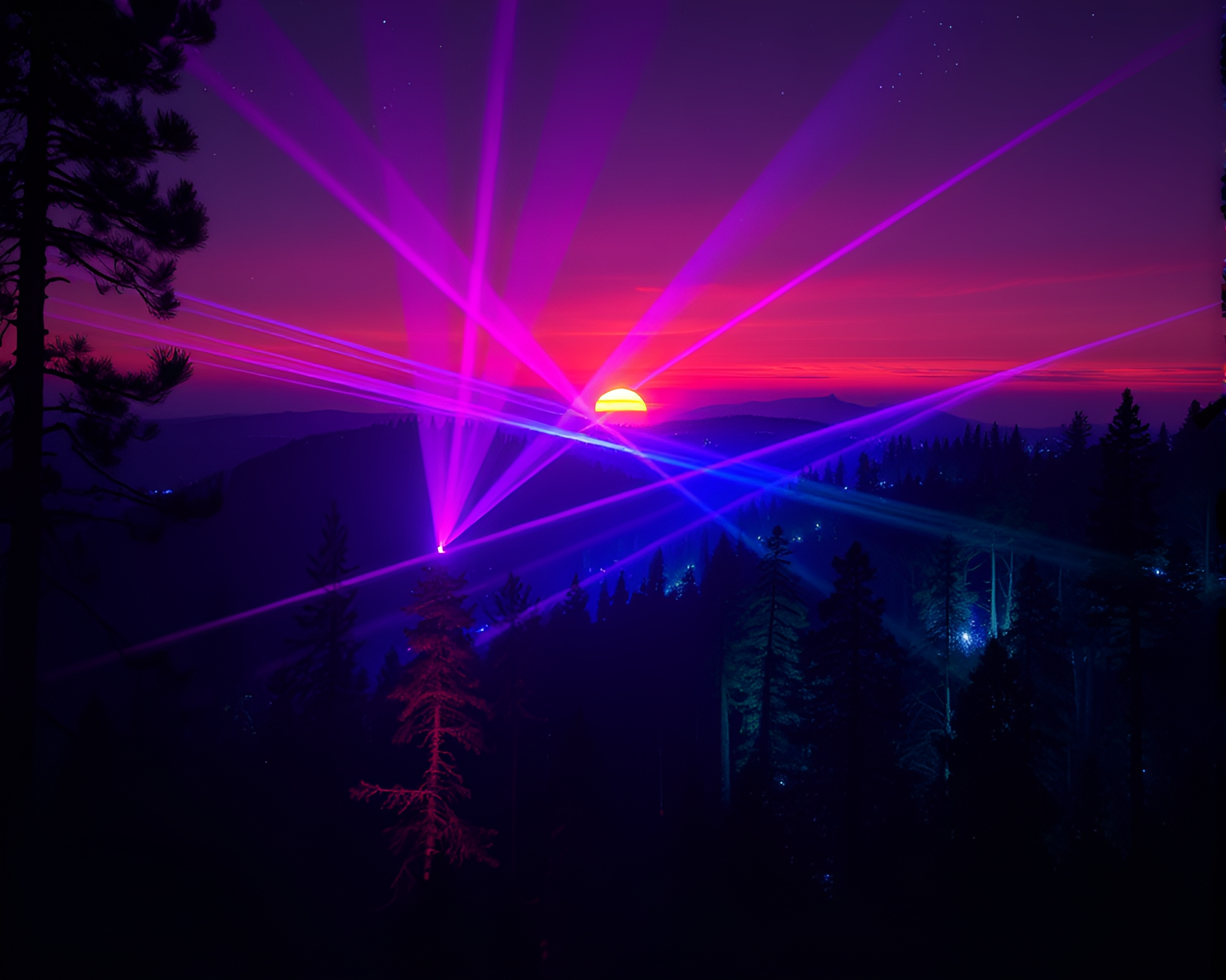 Laser Beams Illuminating Bioluminescent Forest at Sunset – free AI stock image