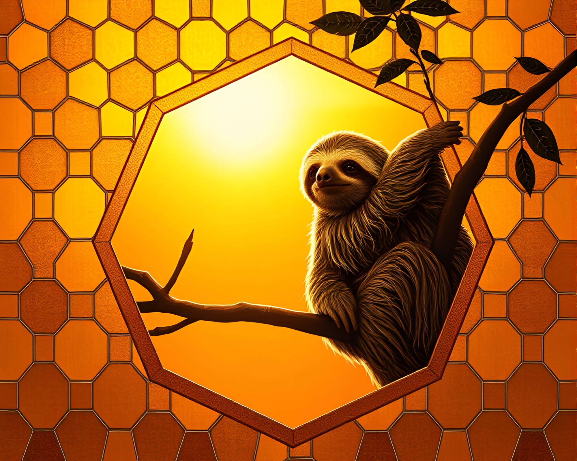 Morning sloth amidst hexagonal tiles bathed in golden light – free AI stock image