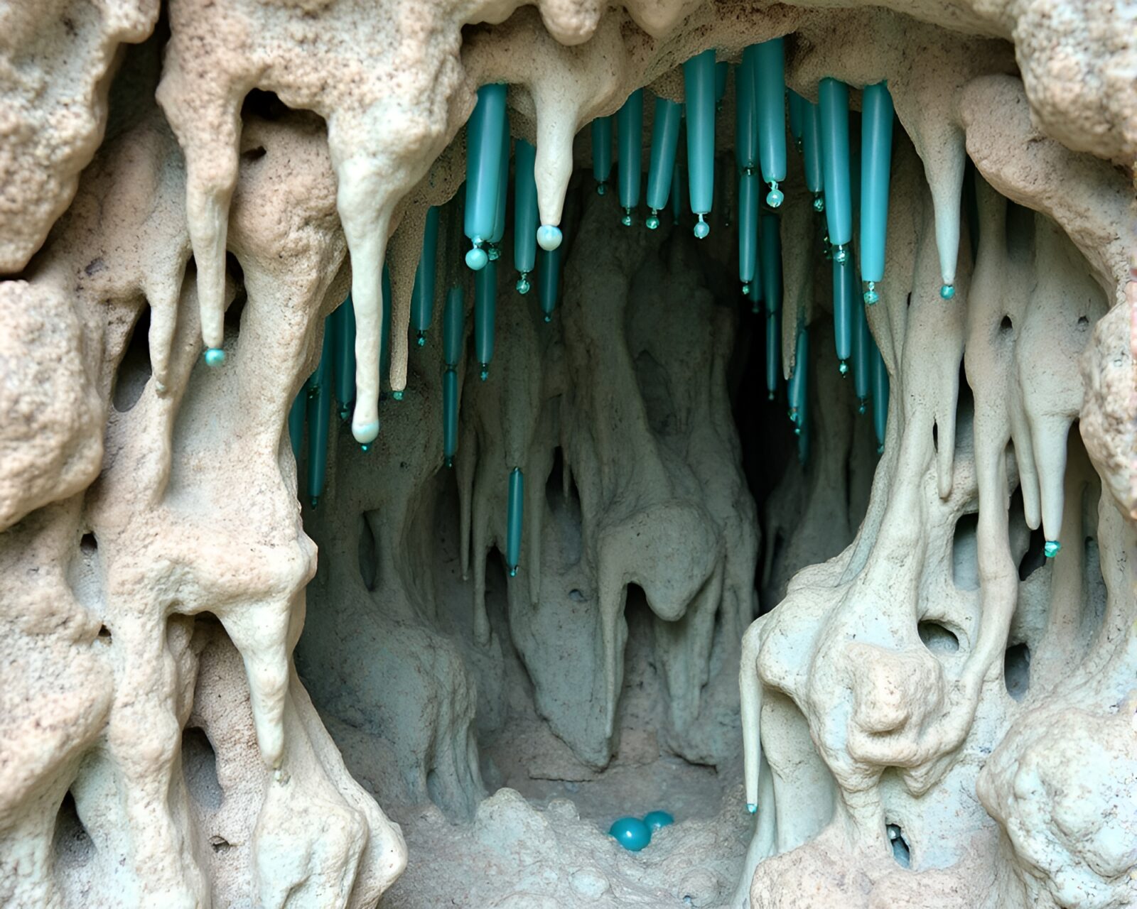 Surreal teal-lit cave with cybernetic textures and intricate beadwork