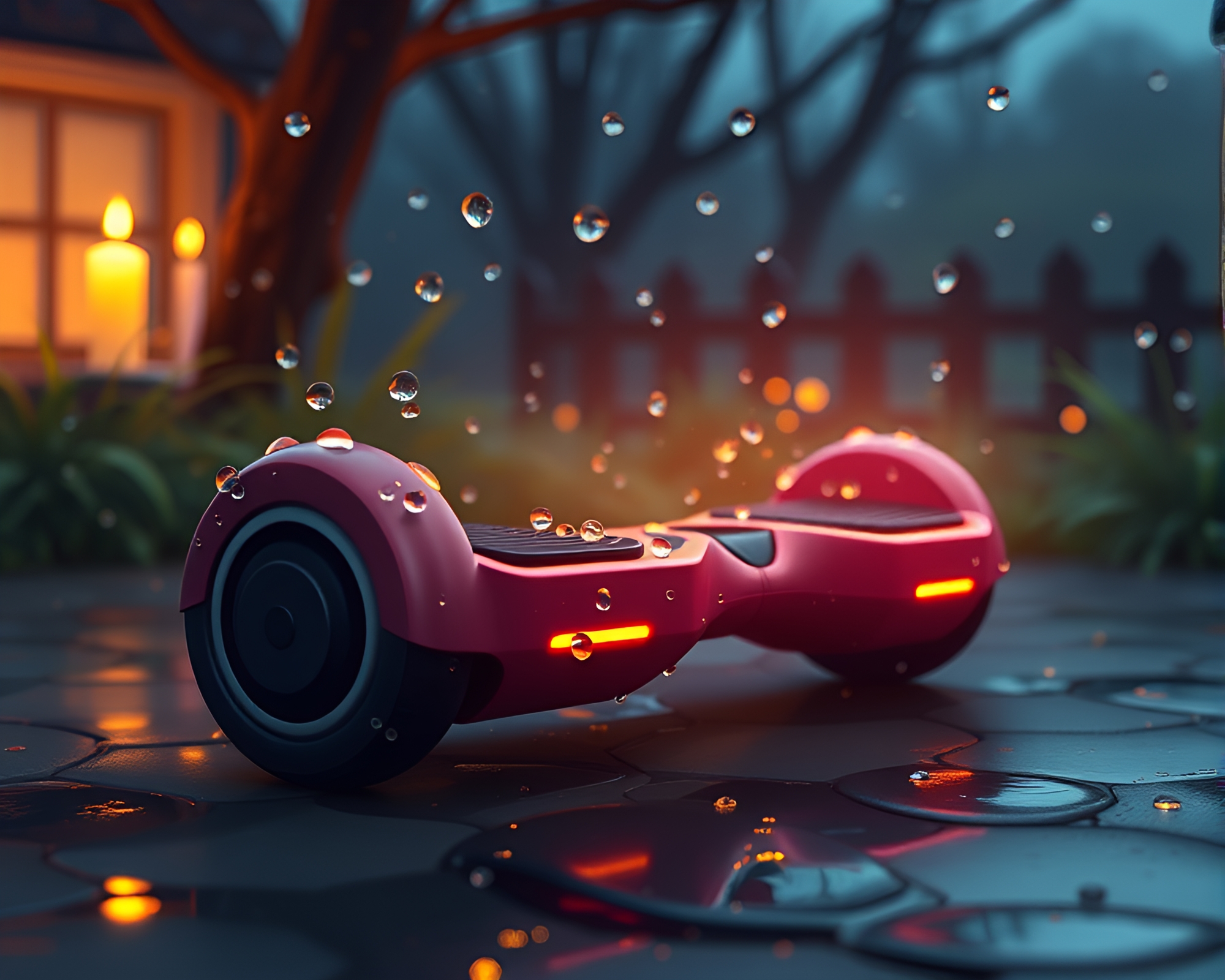 Dew Drop Hoverboard Ride in Candlelit Cartoon World – free AI stock image