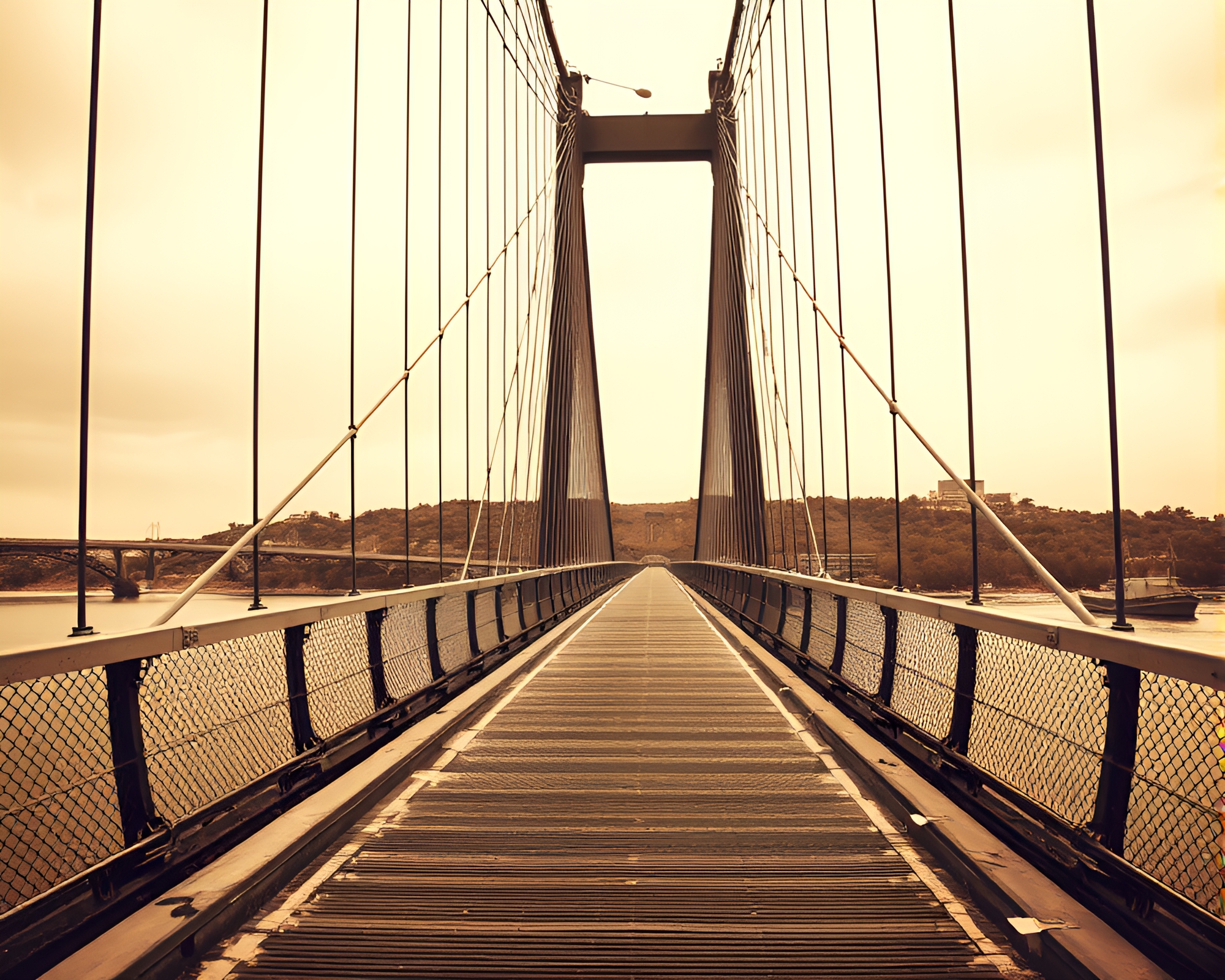 Sepia Suspension Bridge Leading Lines Photorealistic Art – free AI stock image