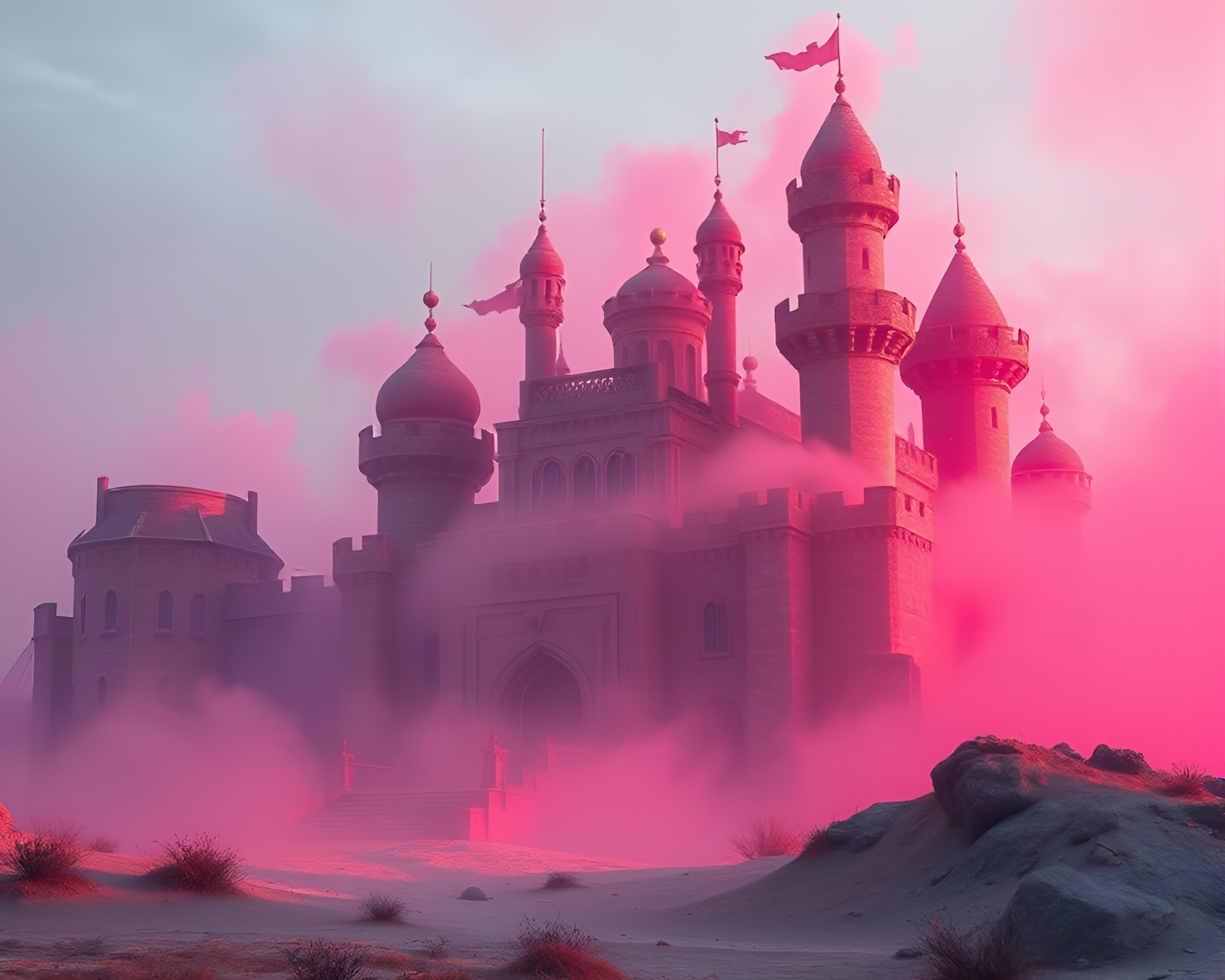 Magenta Deserted Castle with Dust Particles – free AI stock image