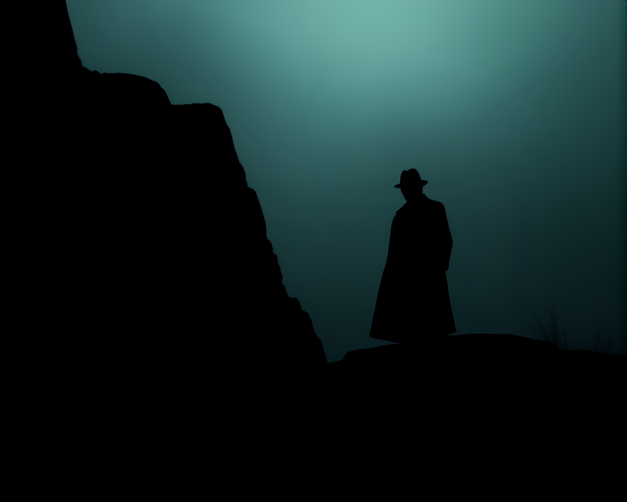 Sherlock Holmes Silhouette in Dramatic Cliffside Shadow – free AI stock image
