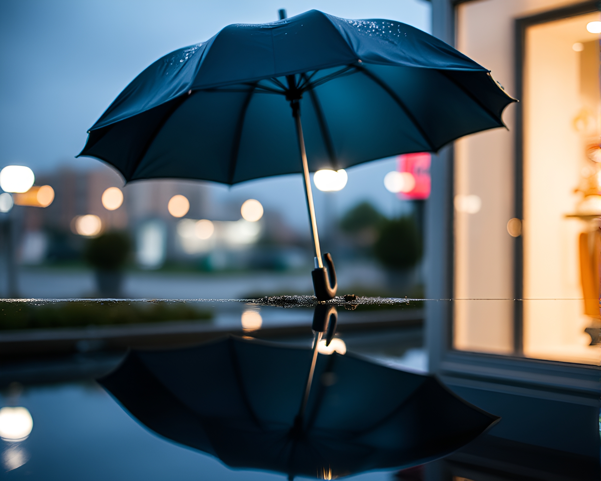 Rainy Night: Umbrella Reflection in Underexposed HDR Photography – free AI stock image