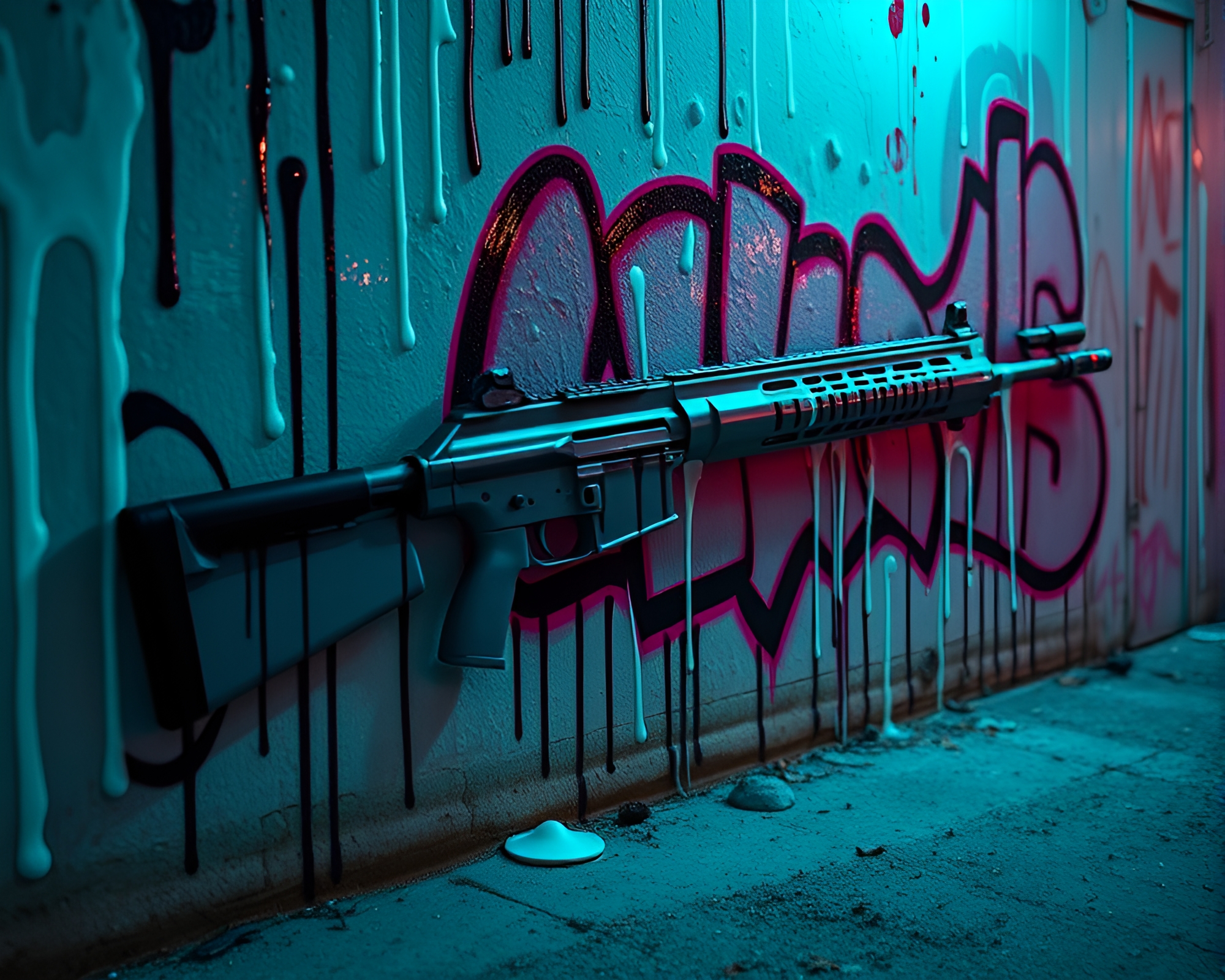 Graffiti Dripping Plasma Rifle in Turquoise Low Light – free AI stock image
