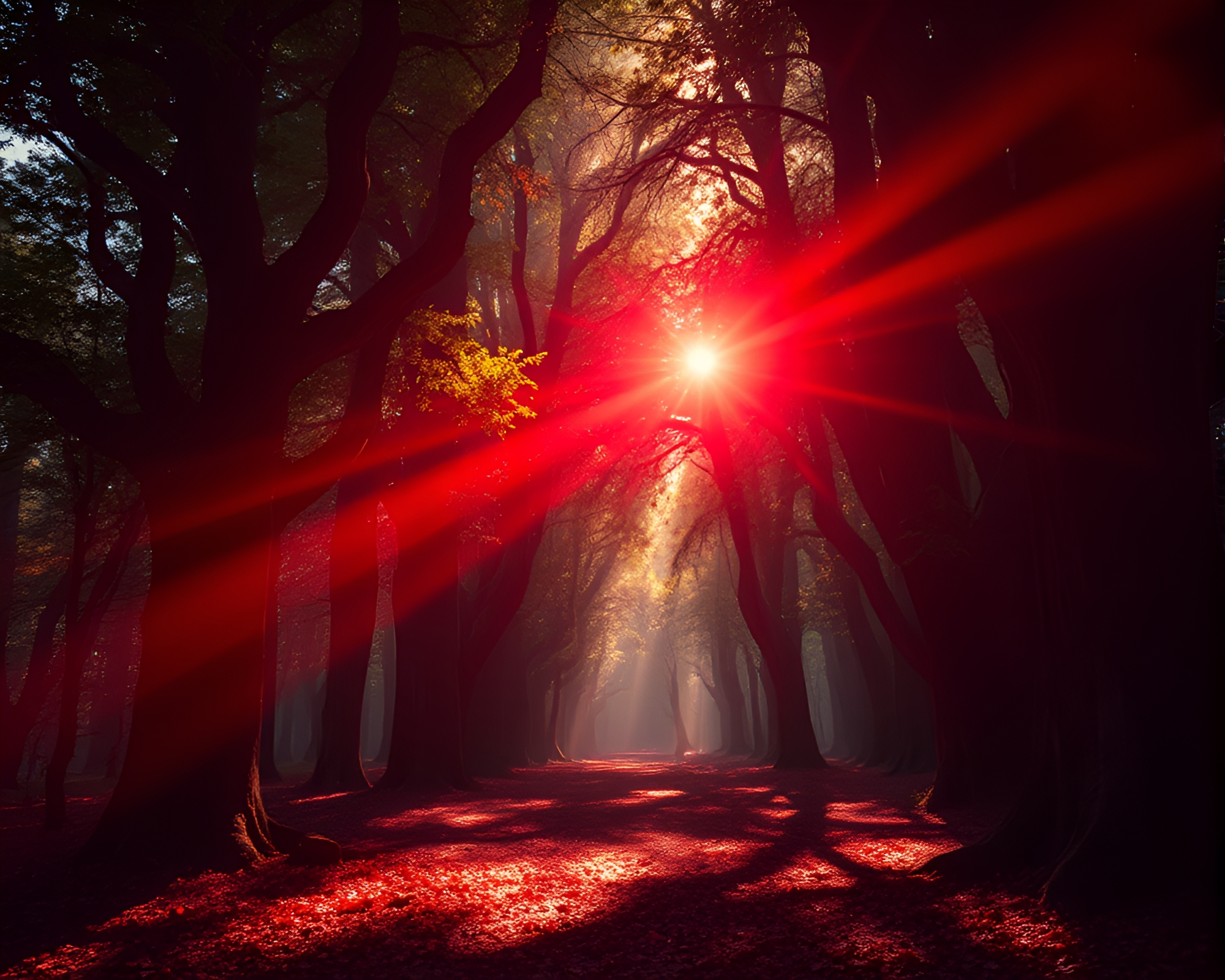 Ancient Grove with Ruby Red Stippling in Lens Flare – free AI stock image