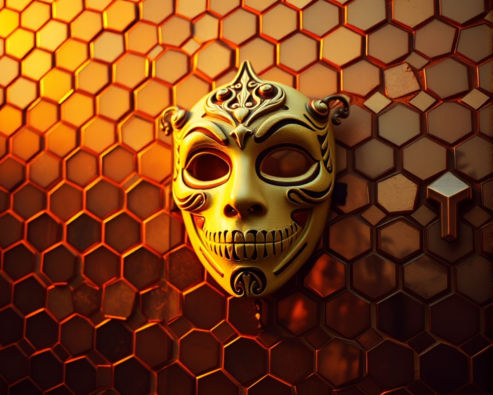 Beautiful Venetian mask in hexagonal tiling under golden light