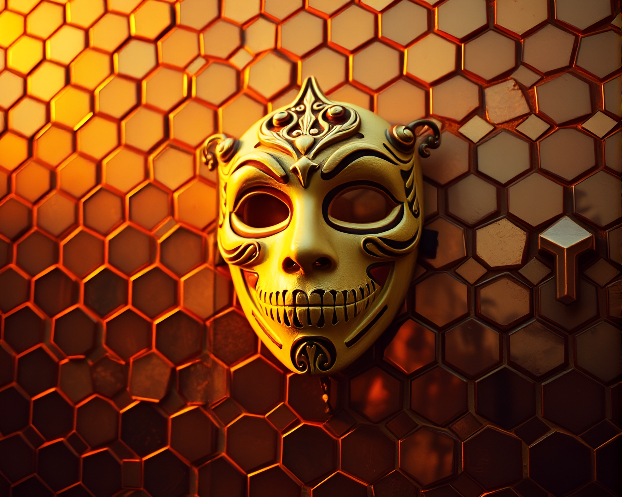 Golden Hour Venetian Mask Hexagonal Tiling Fantasy – free AI stock image