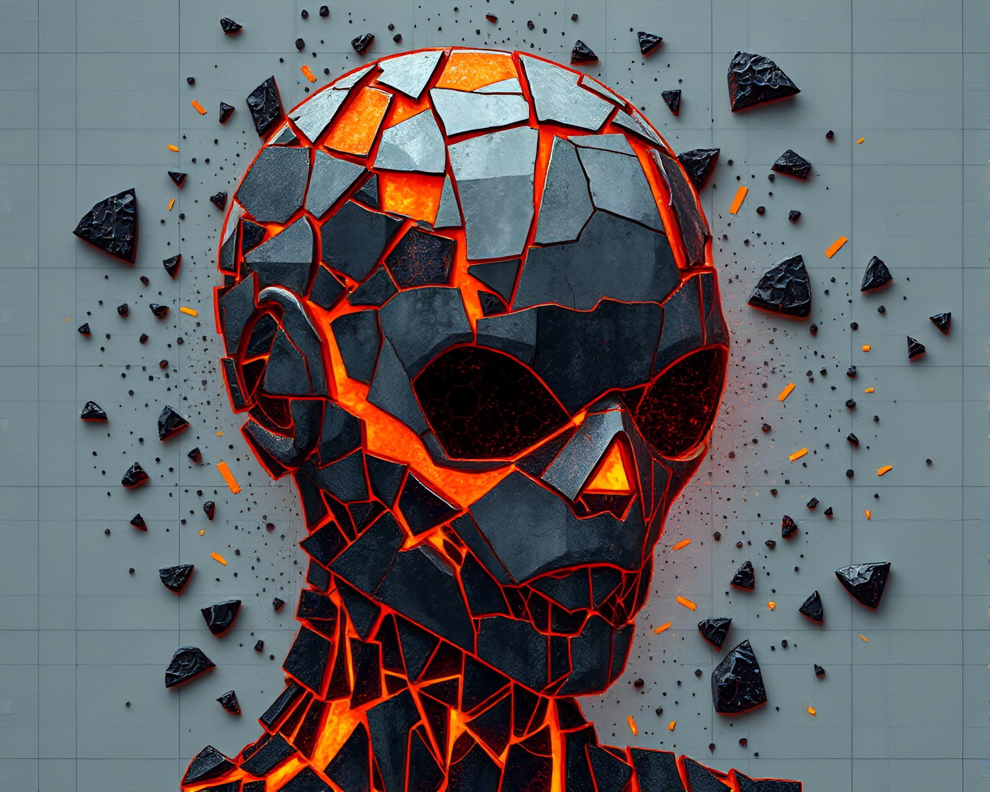 Cyborg in Pixelated Volcanic Ash Mosaic – free AI stock image