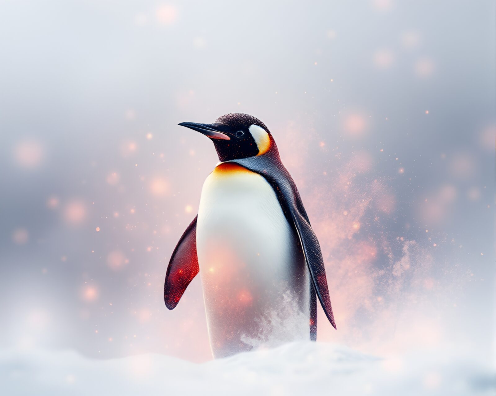 Majestic penguin illuminated in digital bloom amidst dust overlay