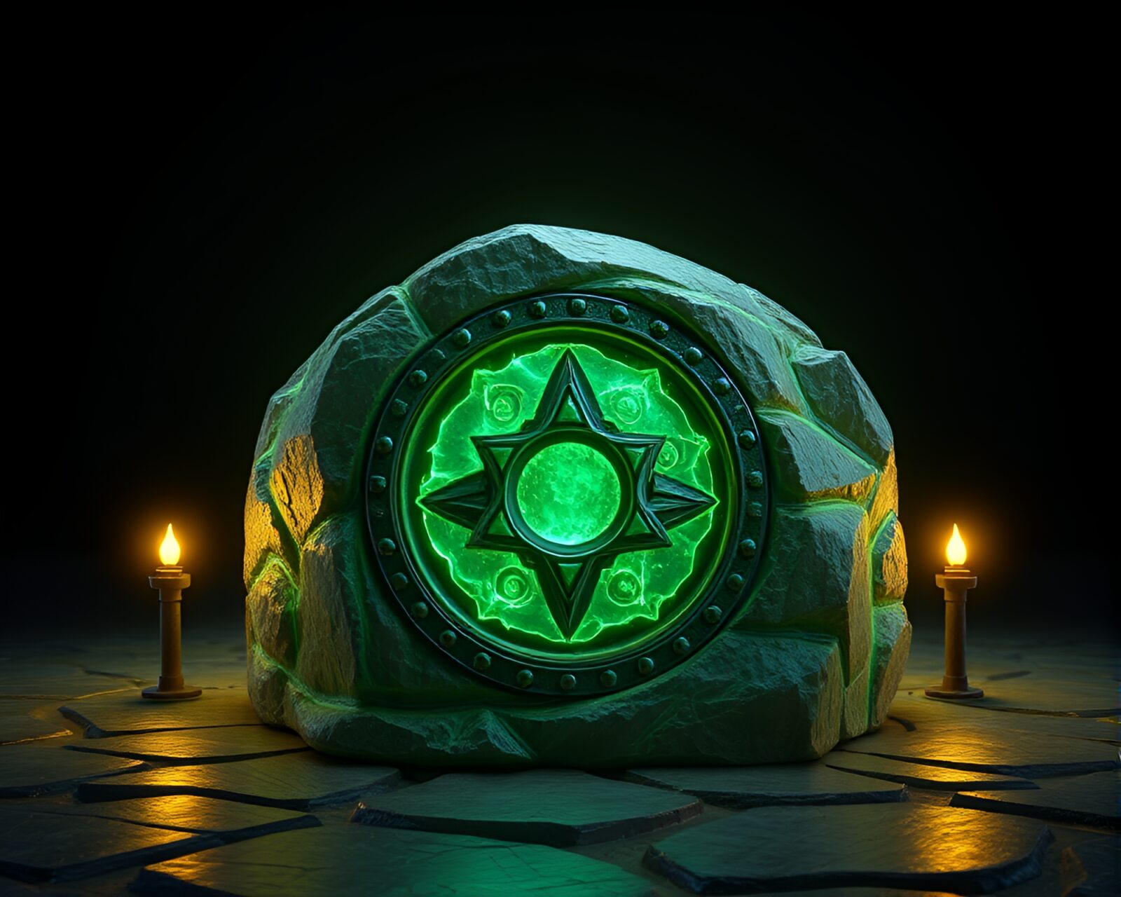 High-poly 3D render of a verdigris-covered rune stone emitting mystical glow