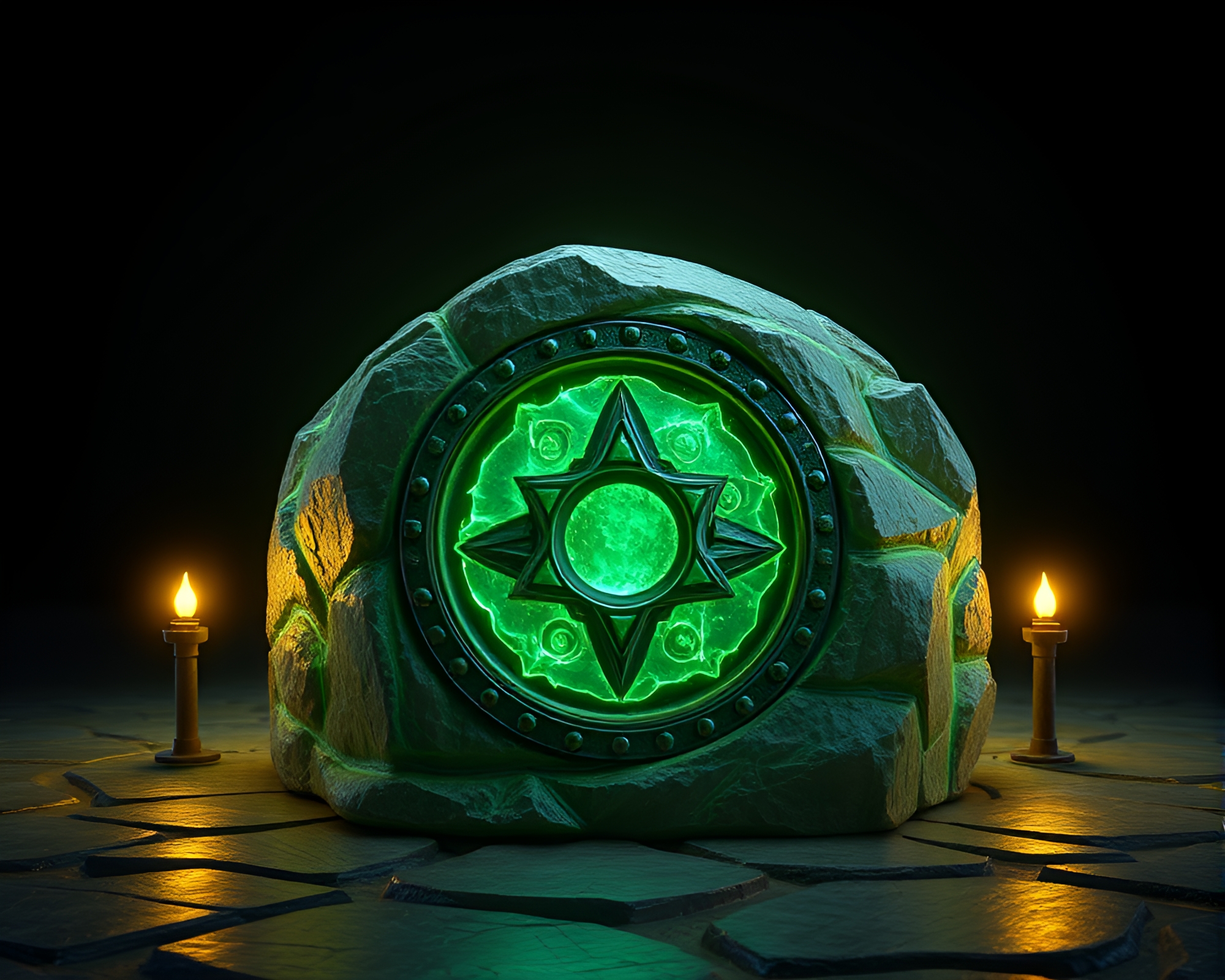 Glowing Copper Rune Stone in Torchlight – free AI stock image