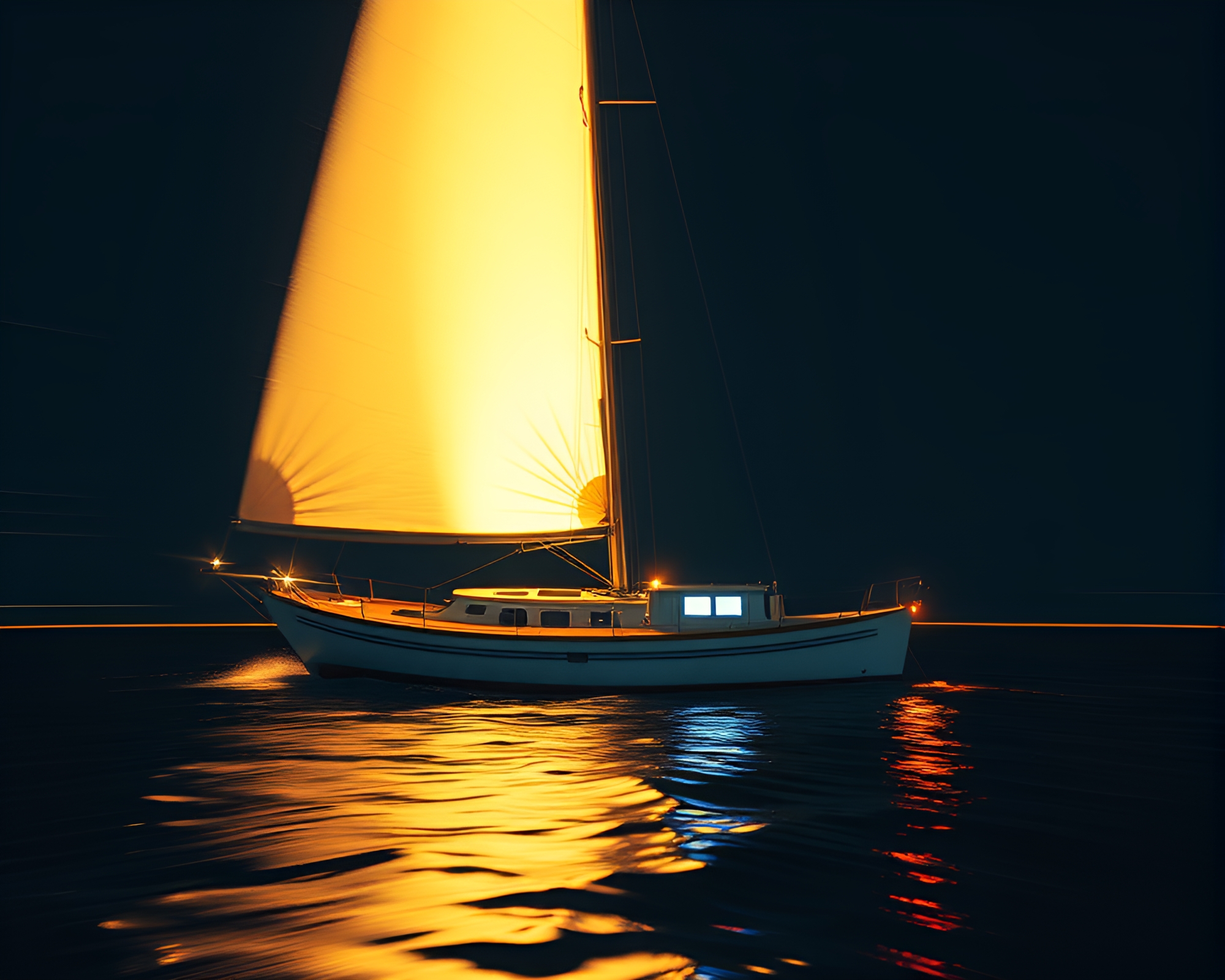 Neon Solar Sailboat on Distorted Water – free AI stock image