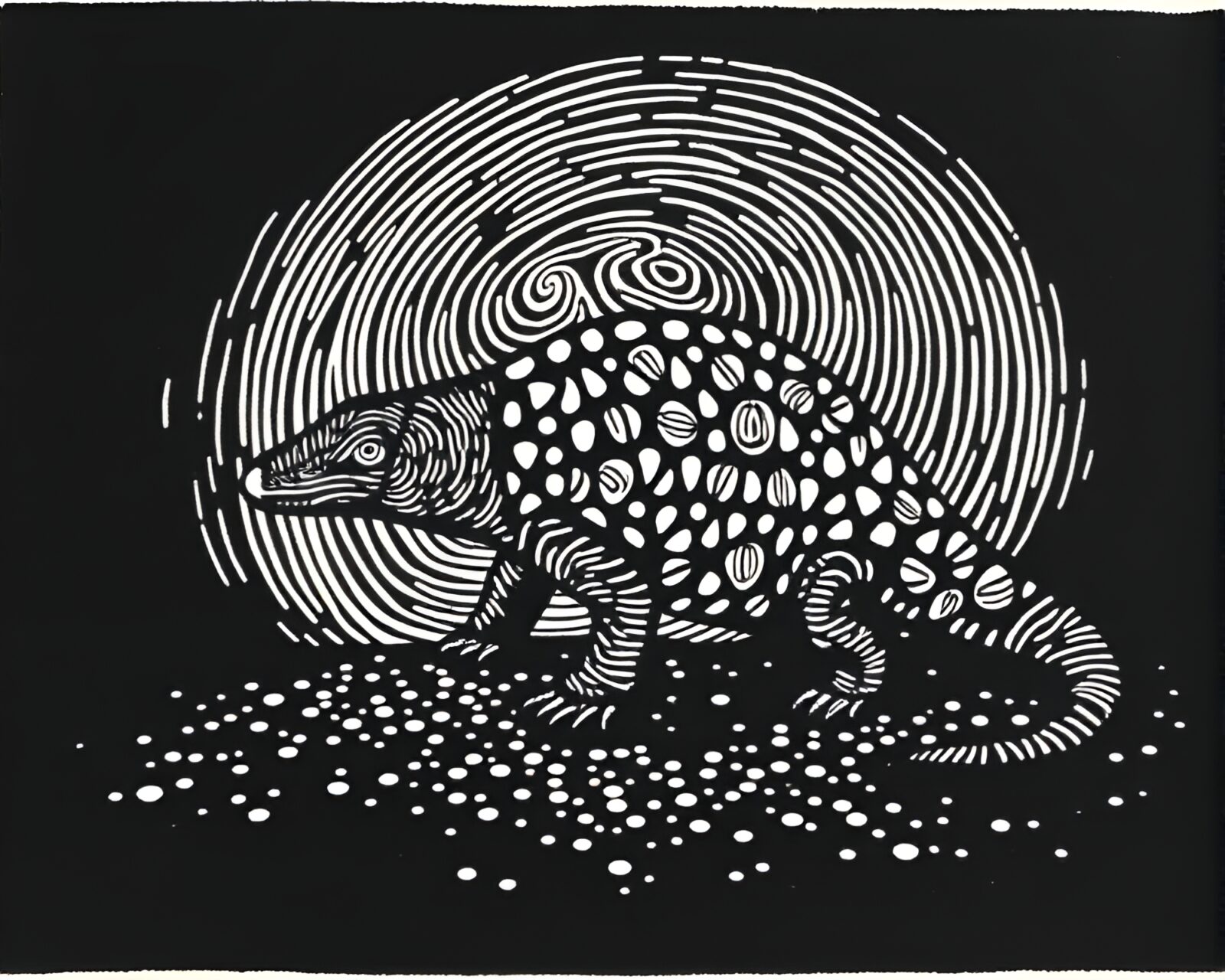 Detailed linocut print of an armadillo with fingerprint swirls in spotlight
