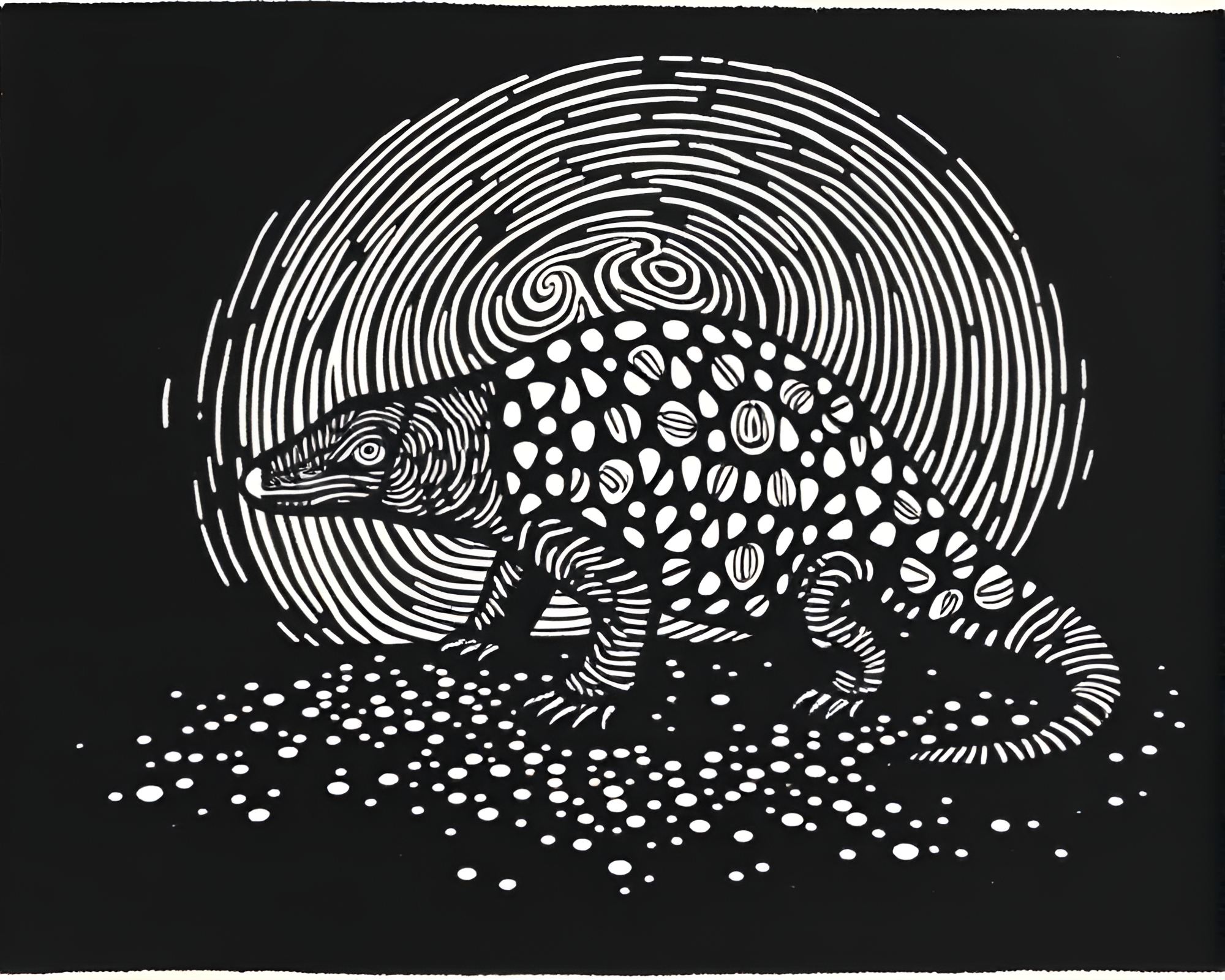 Swirling Fingerprint Armadillo in Linocut Spotlight – free AI stock image