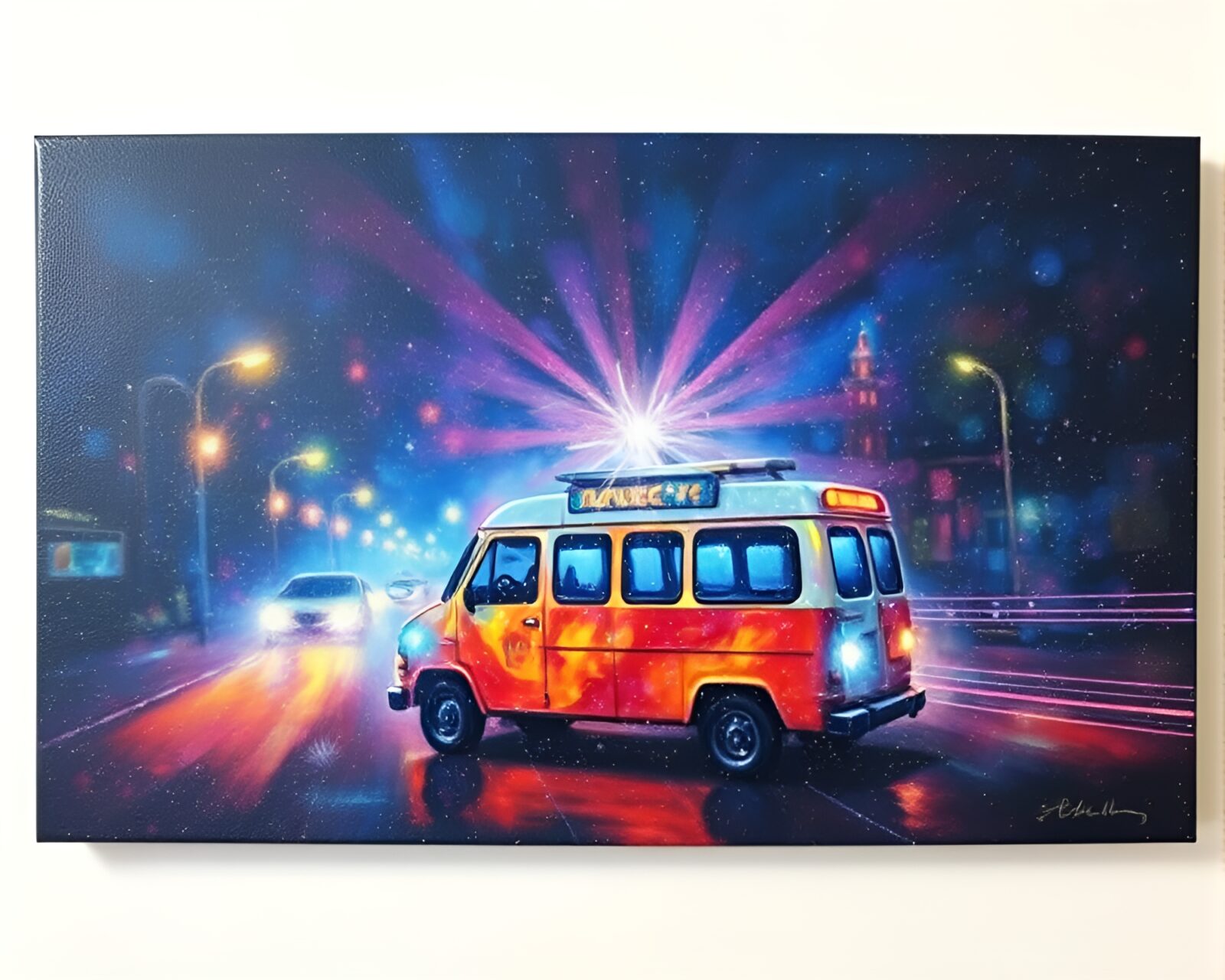 Vibrant and otherworldly holographic cable car art painting.