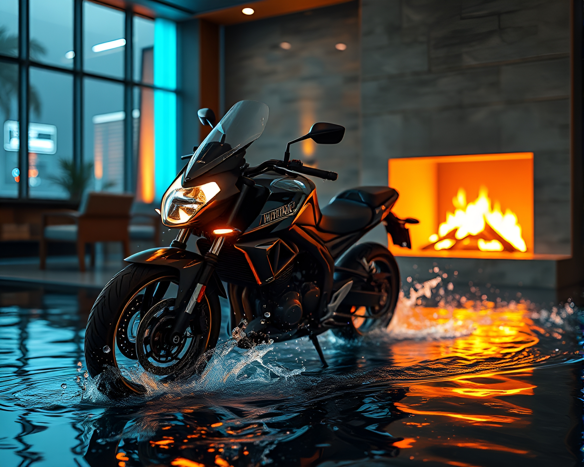 Neon Motorcycle in Water Distortion, Fireplace Flicker Glow – free AI stock image