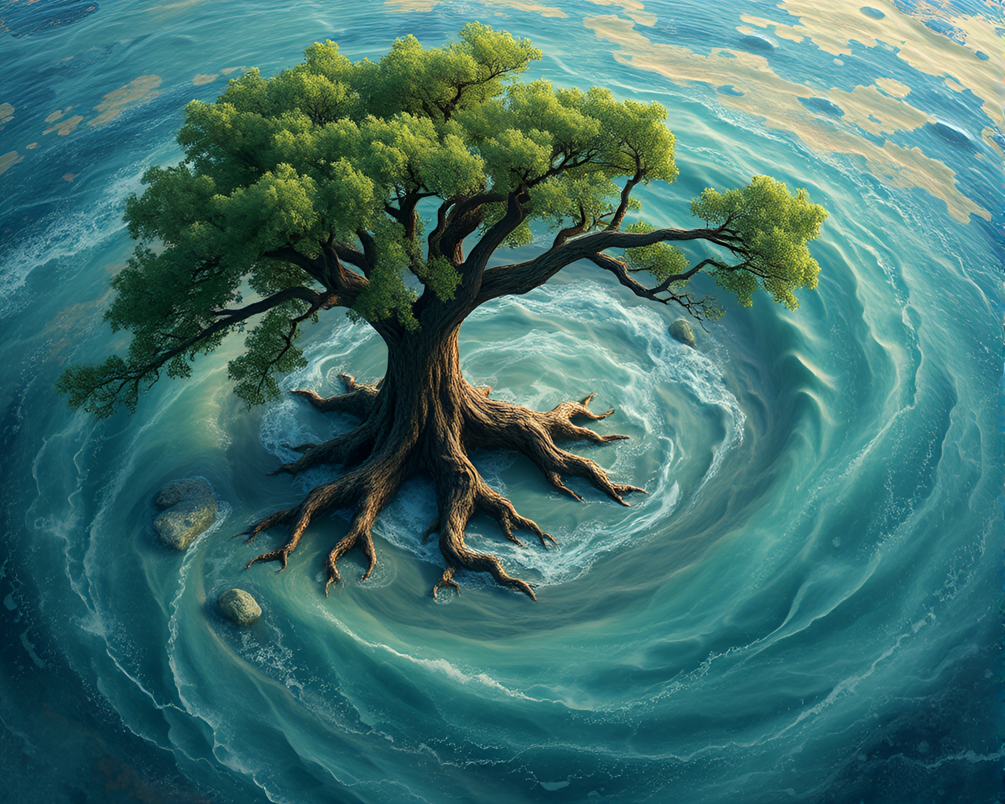 Ancient tree engulfed by water whirlpool art – free AI stock image