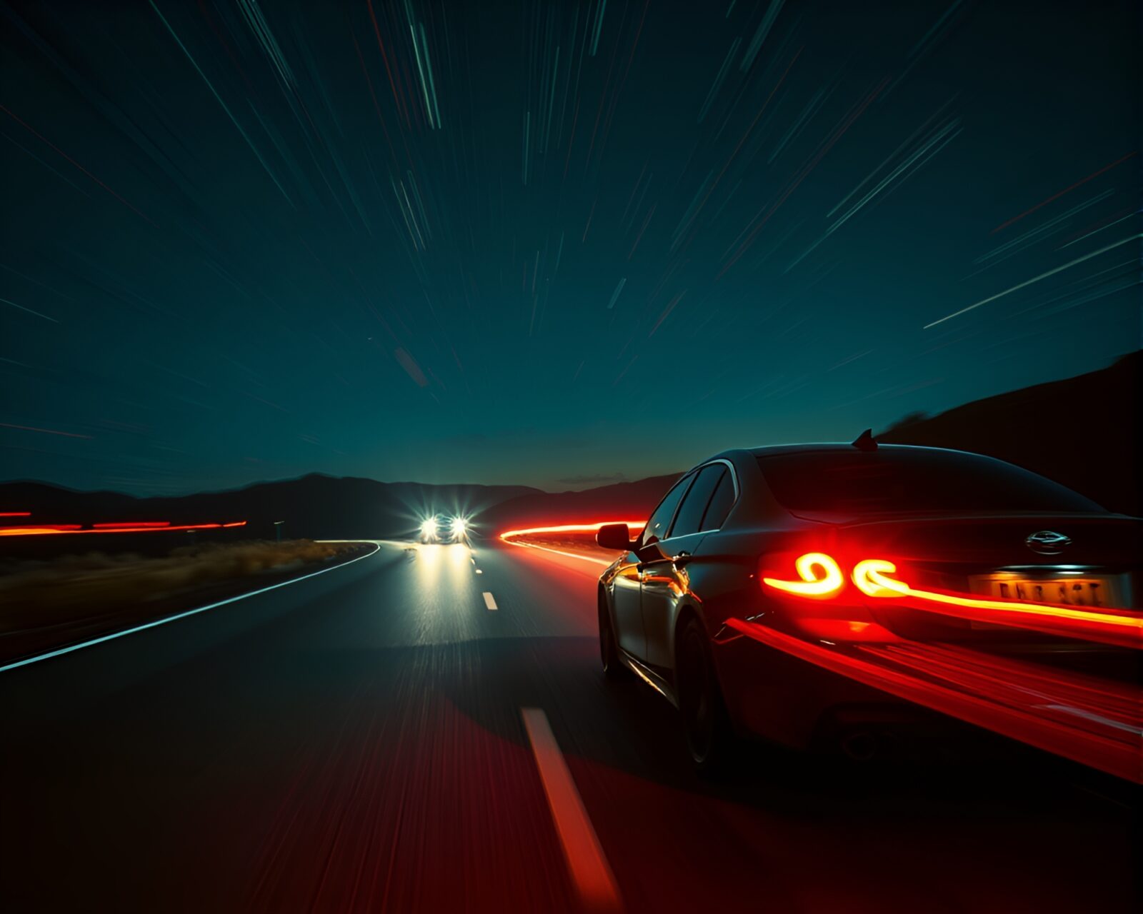 Abstract image of car light trails with futuristic gravity boots