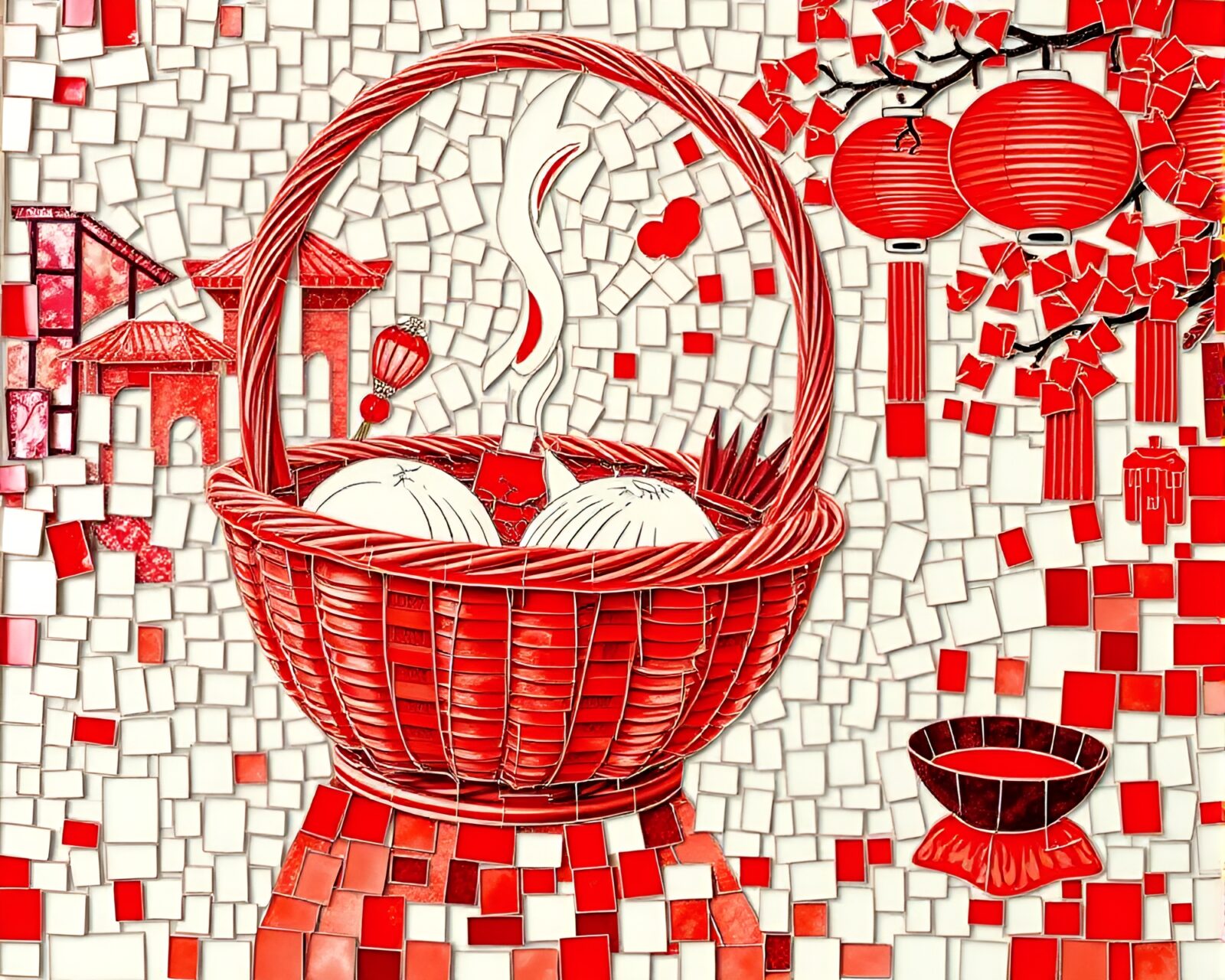 Fragmented dim sum basket in red mosaic under utopian lighting