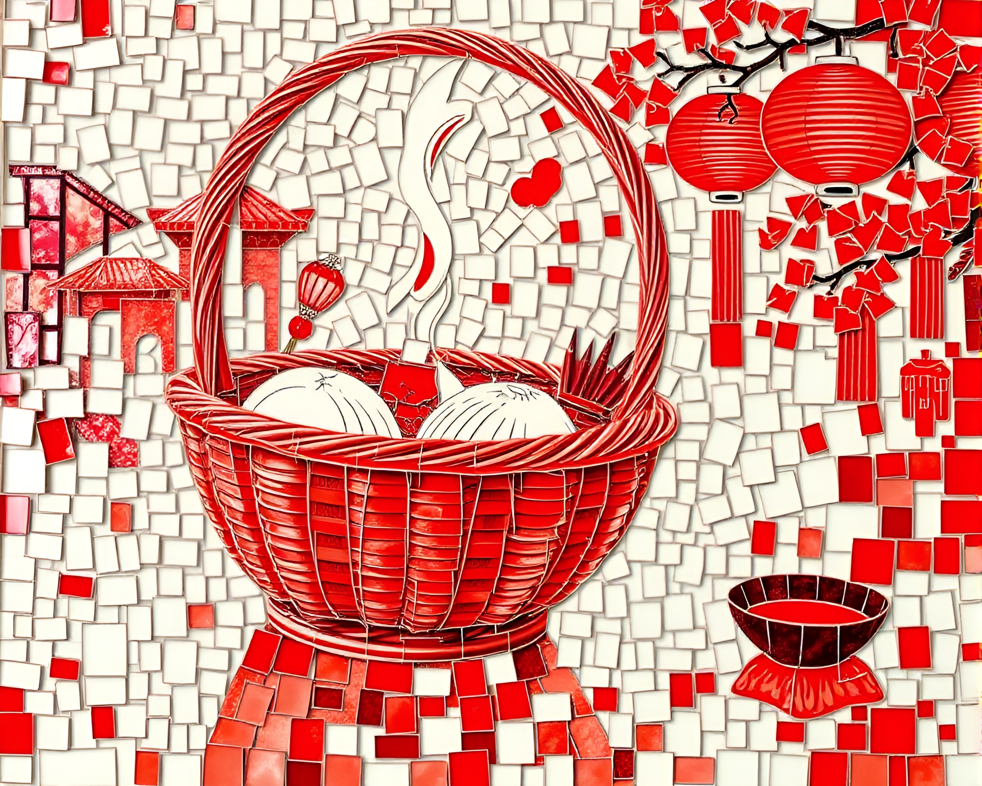 Utopian Dim Sum Basket Mosaic Illuminated in Monochrome Red – free AI stock image