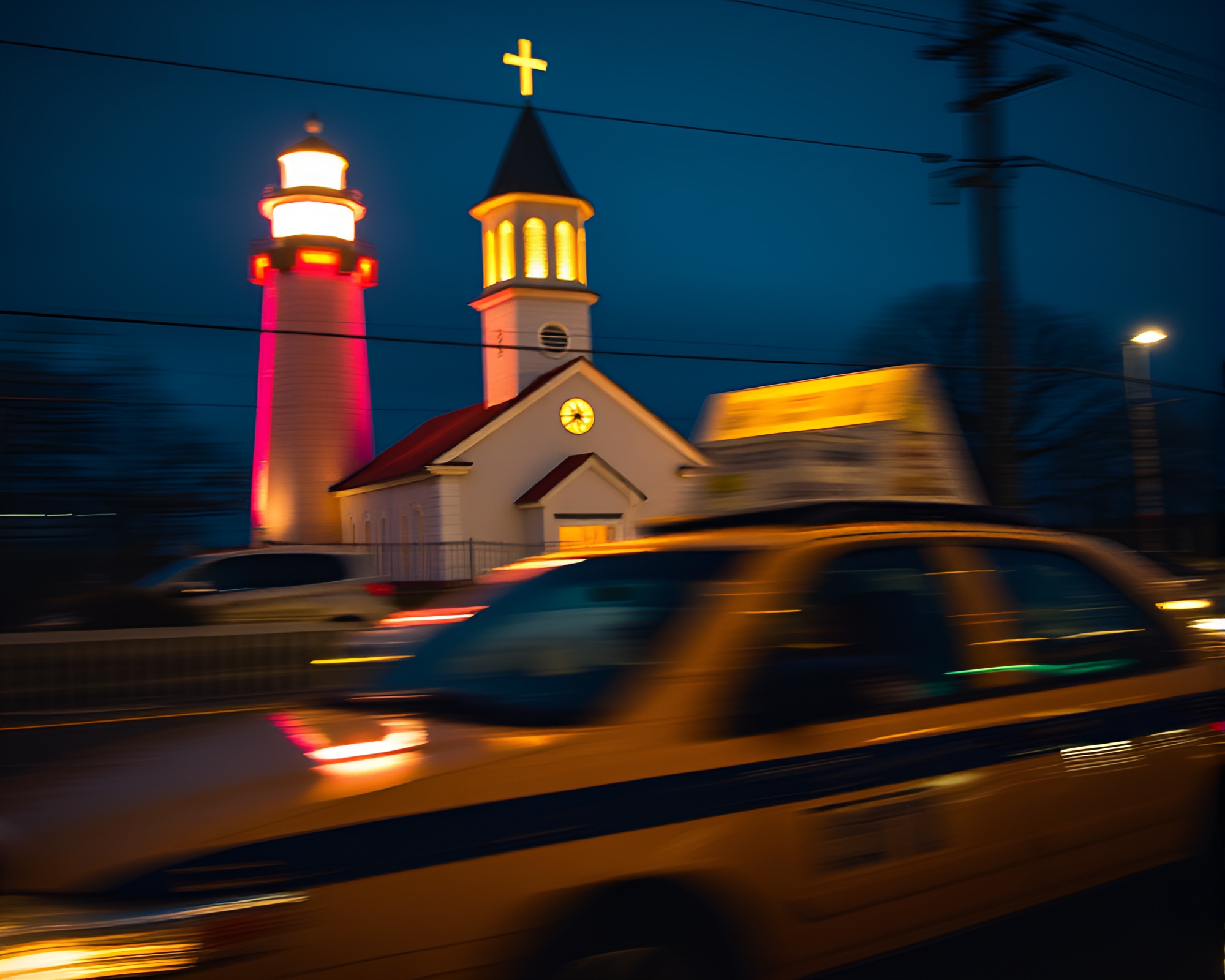 Abandoned Lighthouse Illuminated by Neon Taxi Streaks – free AI stock image