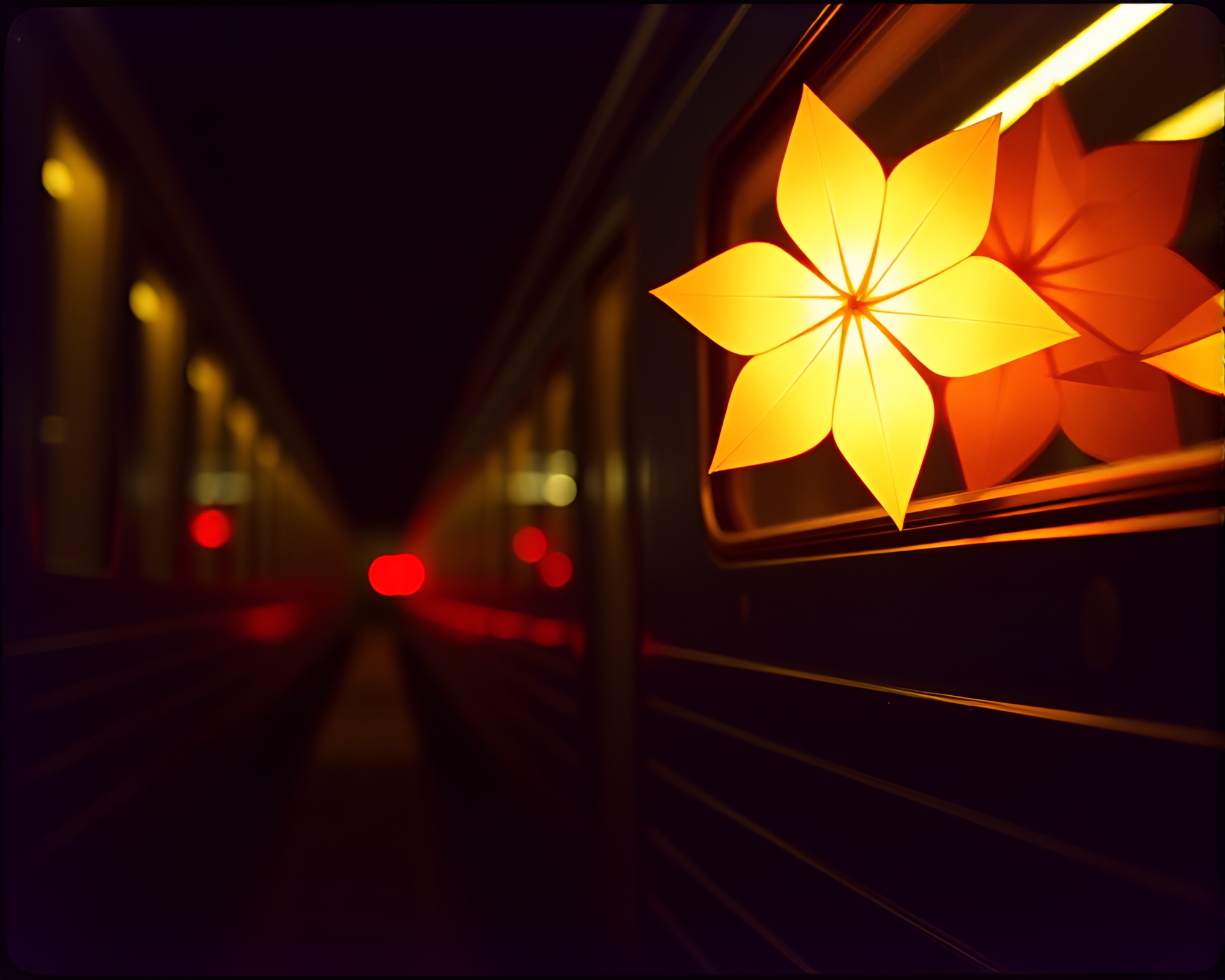 Train Light Trails Through Origami Flower Field – free AI stock image