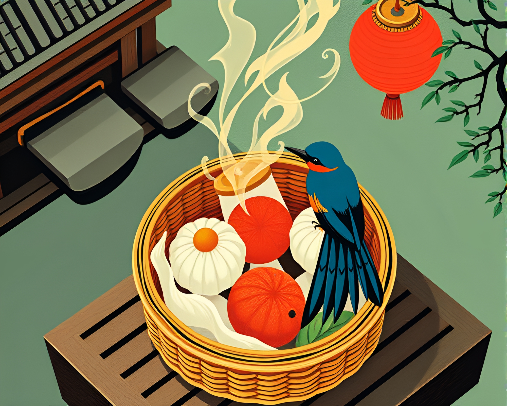 Dim Sum Basket Bird’s Eye Woodcut Print – free AI stock image