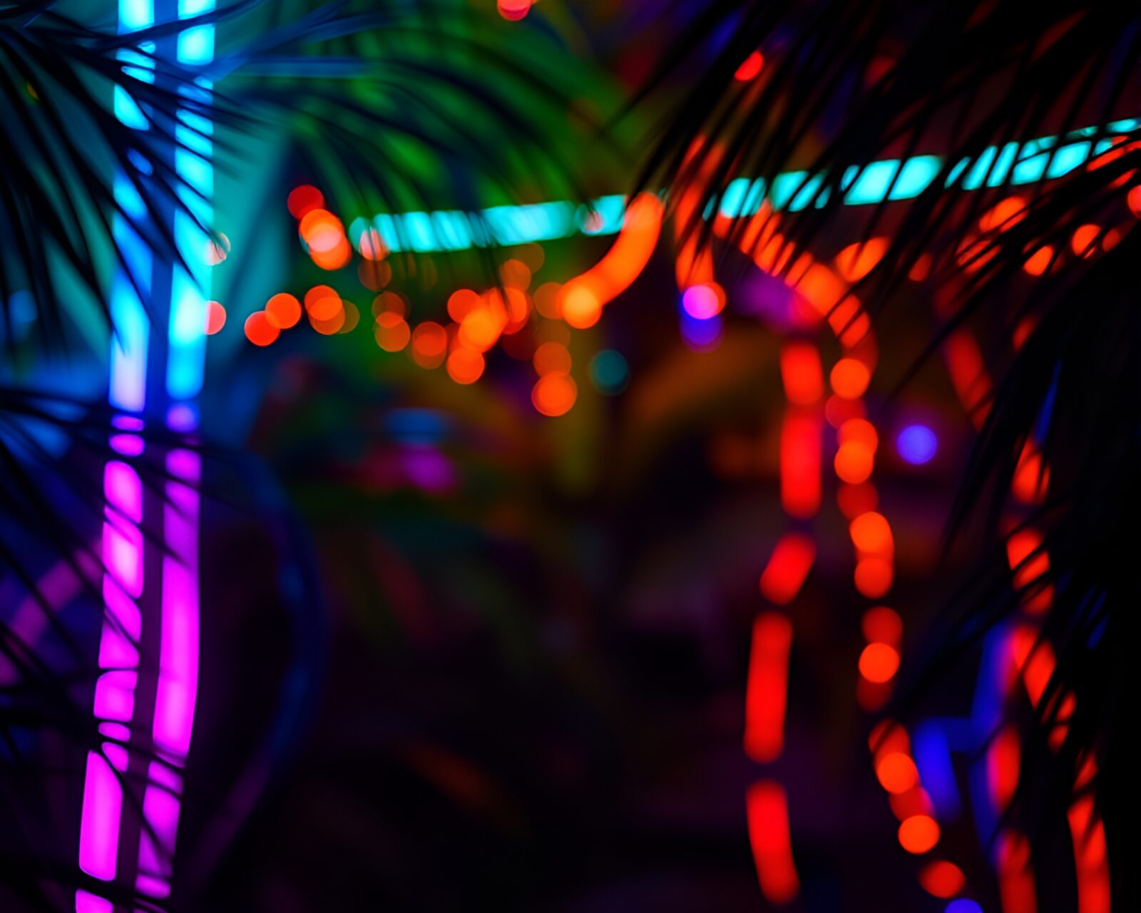 Vibrant jungle scene through neon thermal lens with bokeh lights