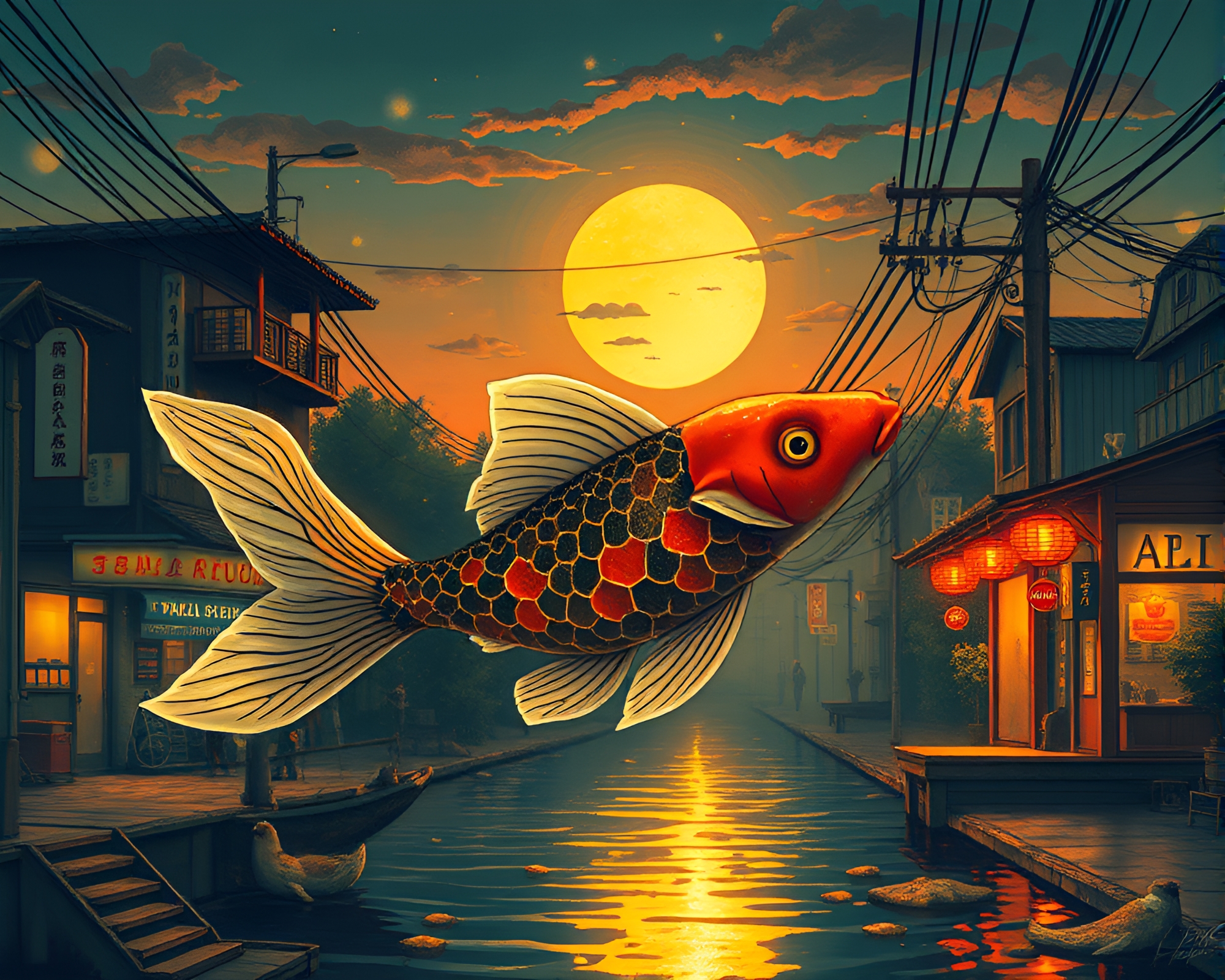 Steampunk Koi Fish Graffiti in Cool Dawn Light – free AI stock image