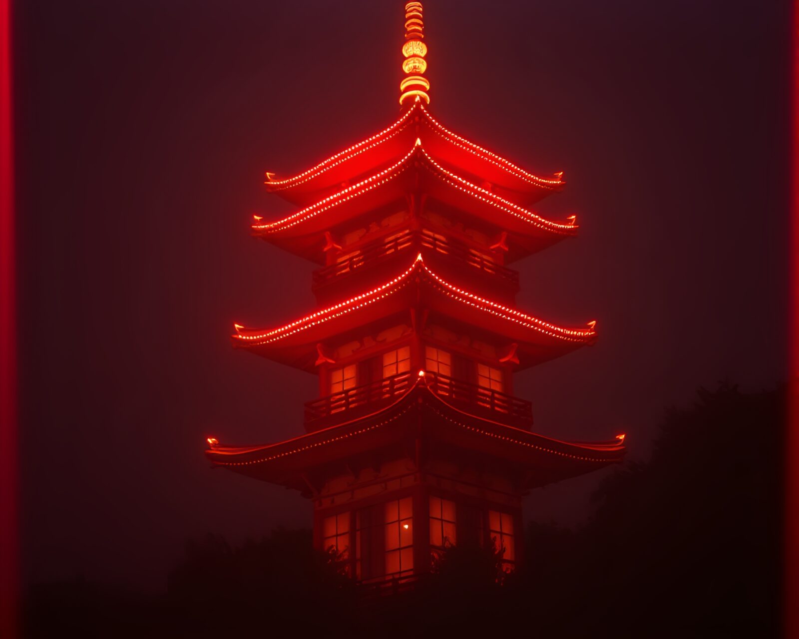 Futuristic pagoda with duochrome colors illuminated by spotlight