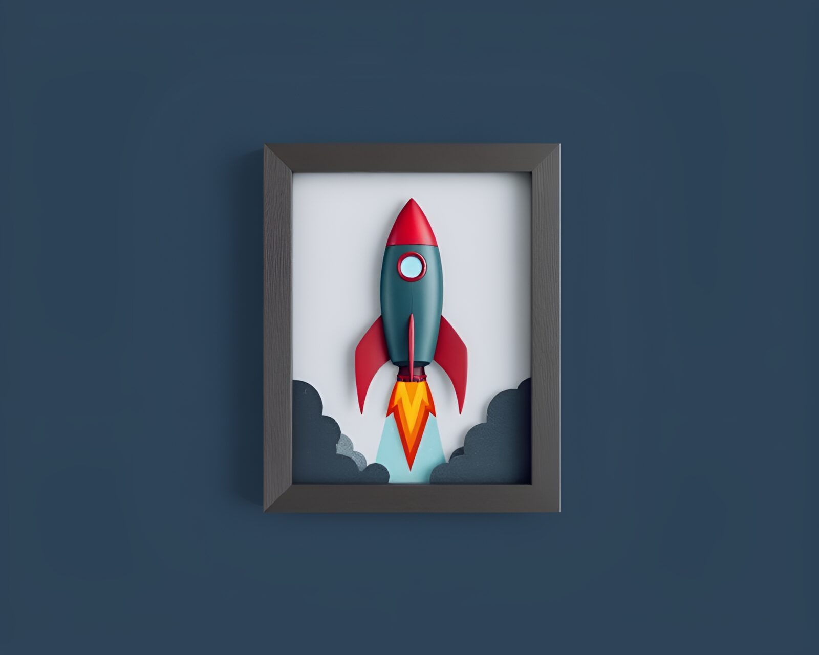 Rocket blasting off framed by geometric space station windows