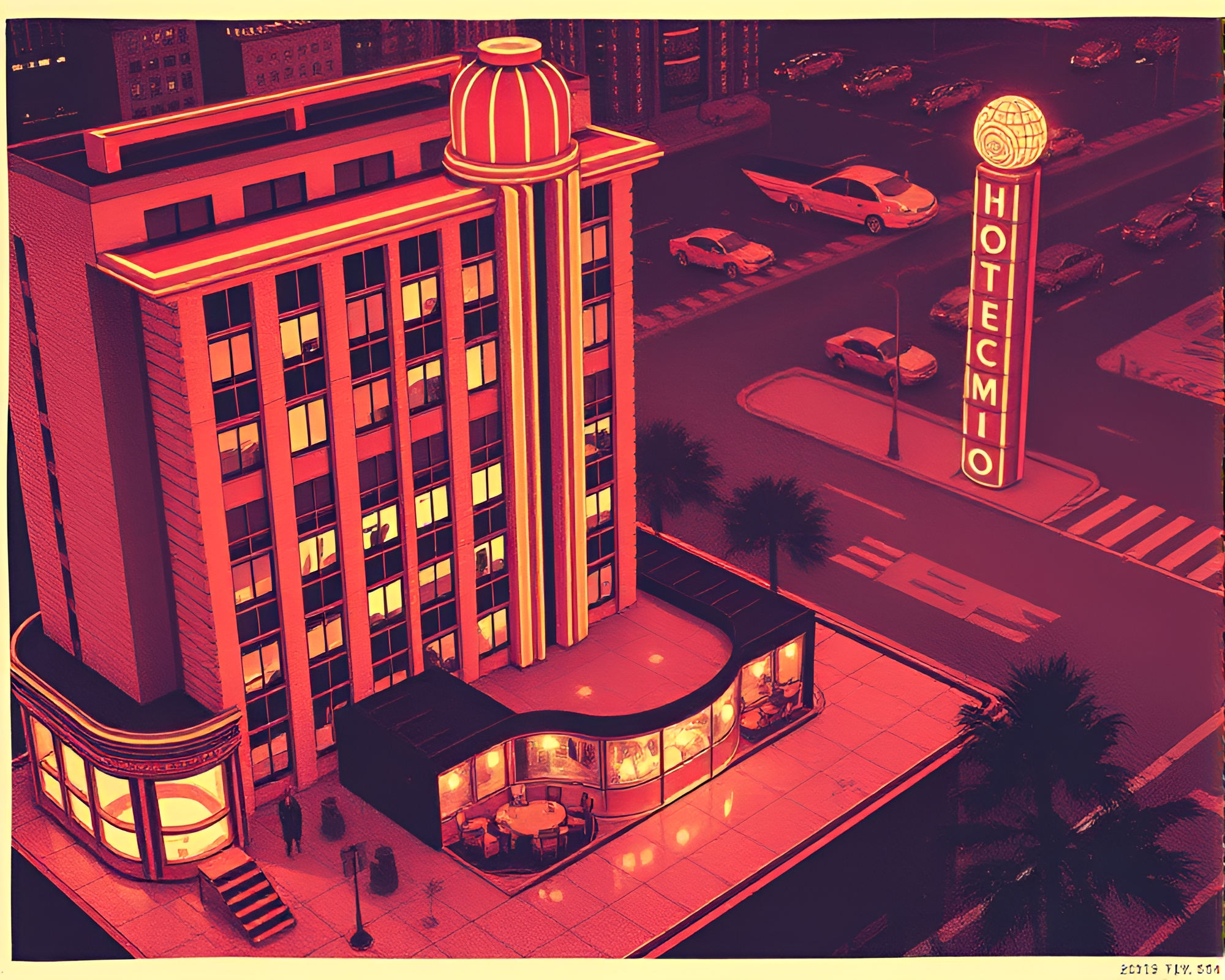 Art Deco Hotel Rooftop Woodcut Print Aesthetic – free AI stock image