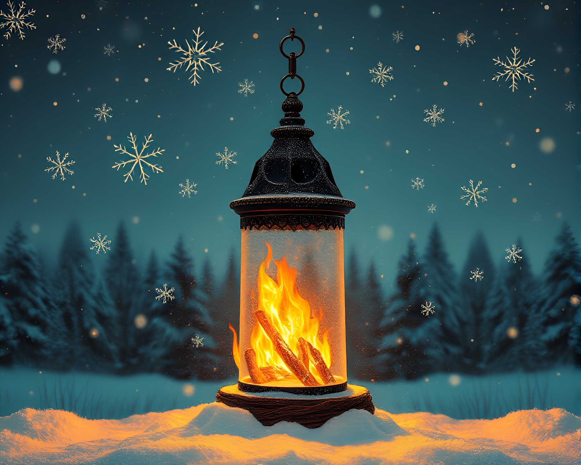 Dadaist Snowflake Lamp Illuminates Fiery Bonfire Collage – free AI stock image