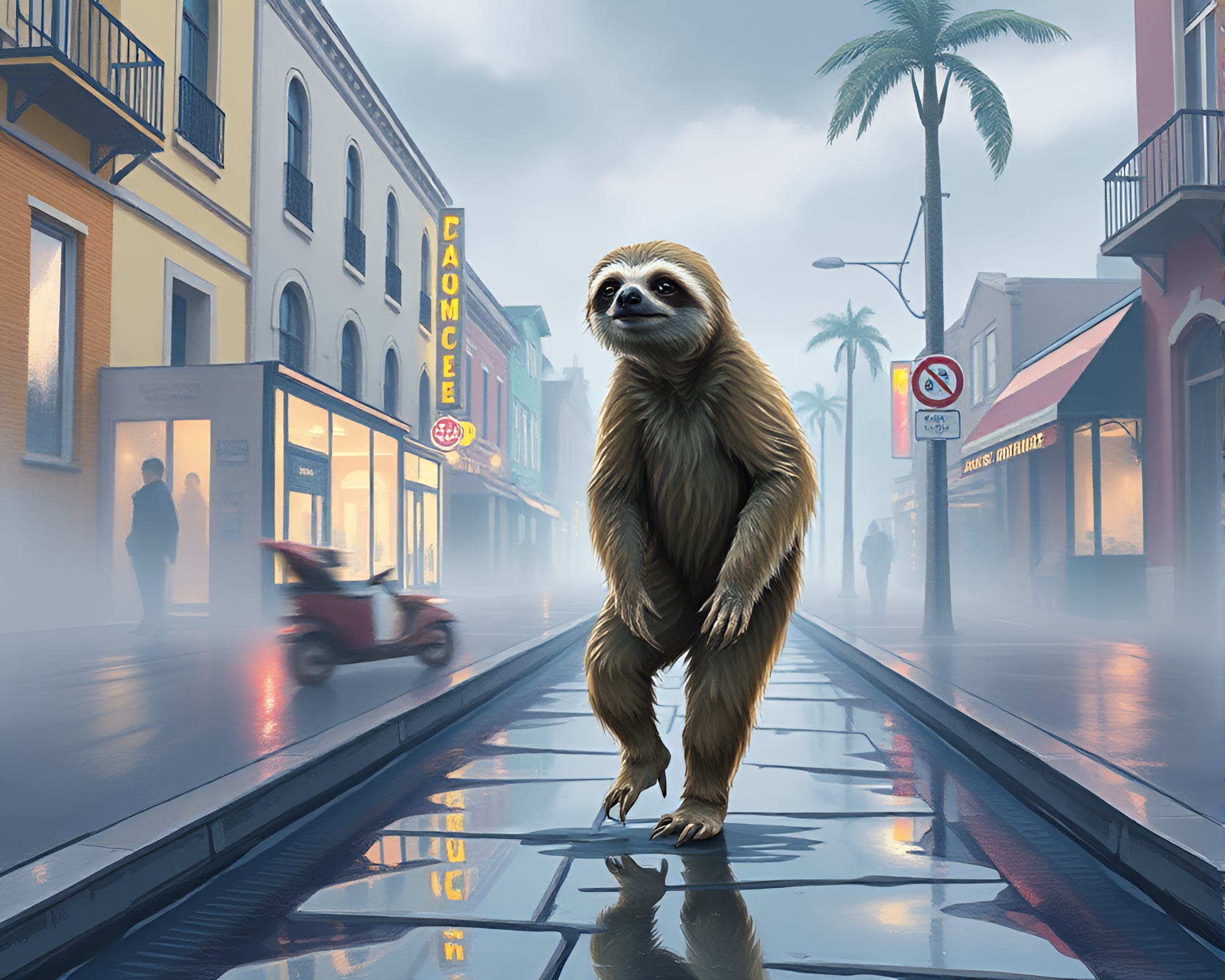 Sloth Fashion: Pastel Dream on Wet Pavement – free AI stock image