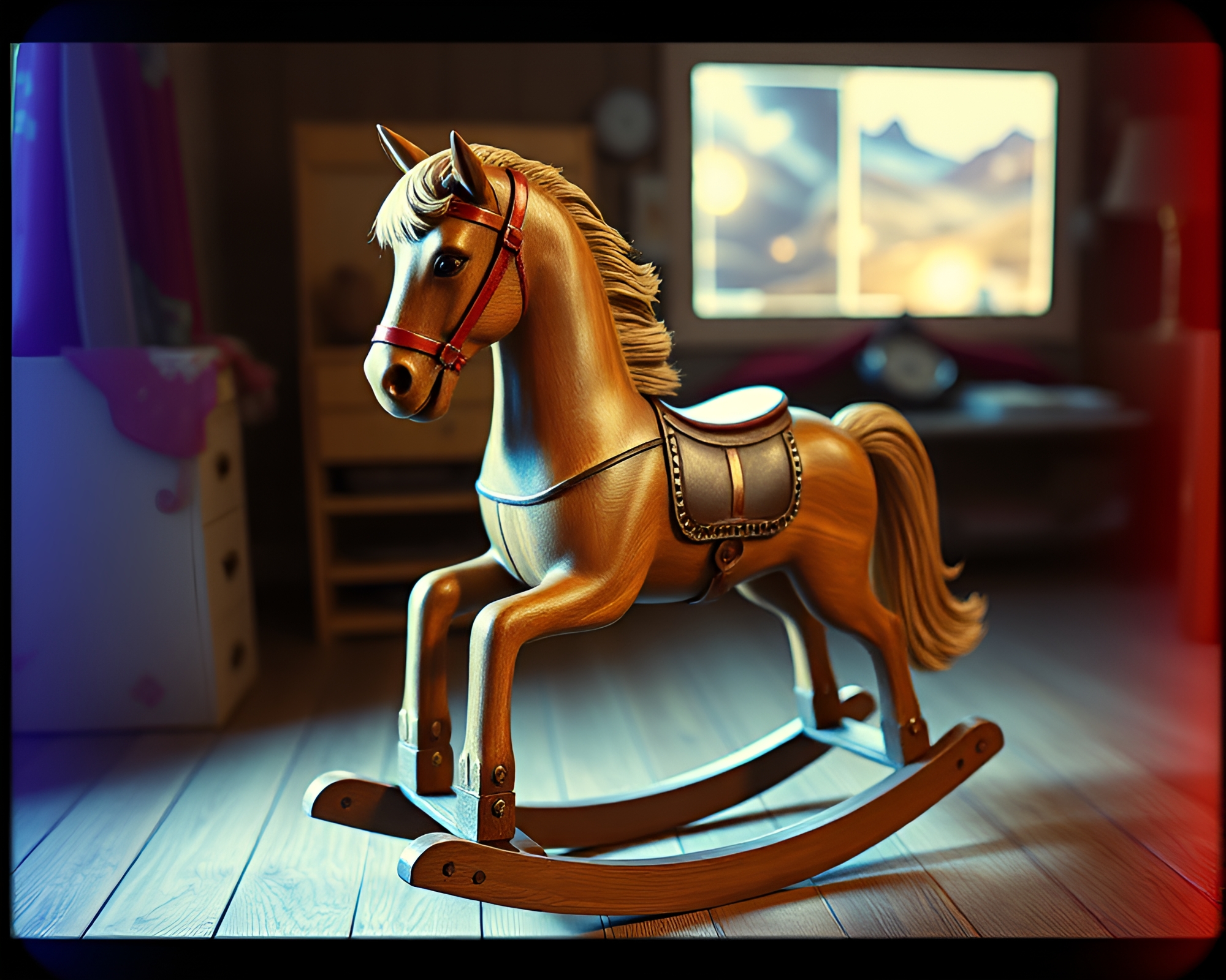 Vintage Wooden Rocking Horse With Retro Scanlines – free AI stock image