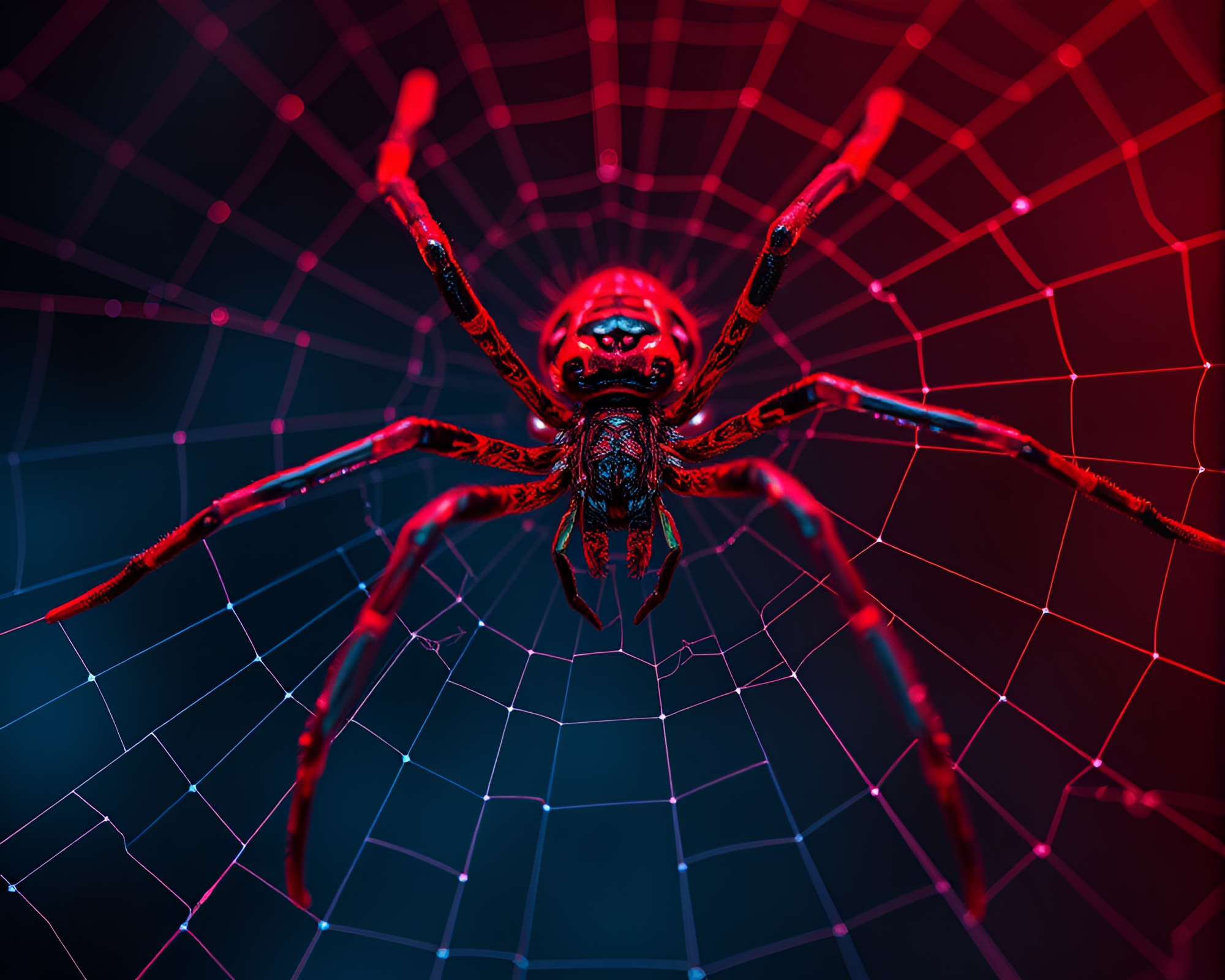 Mechanical Spider Constructs Intricate Cobweb in Red-Blue Duotone – free AI stock image