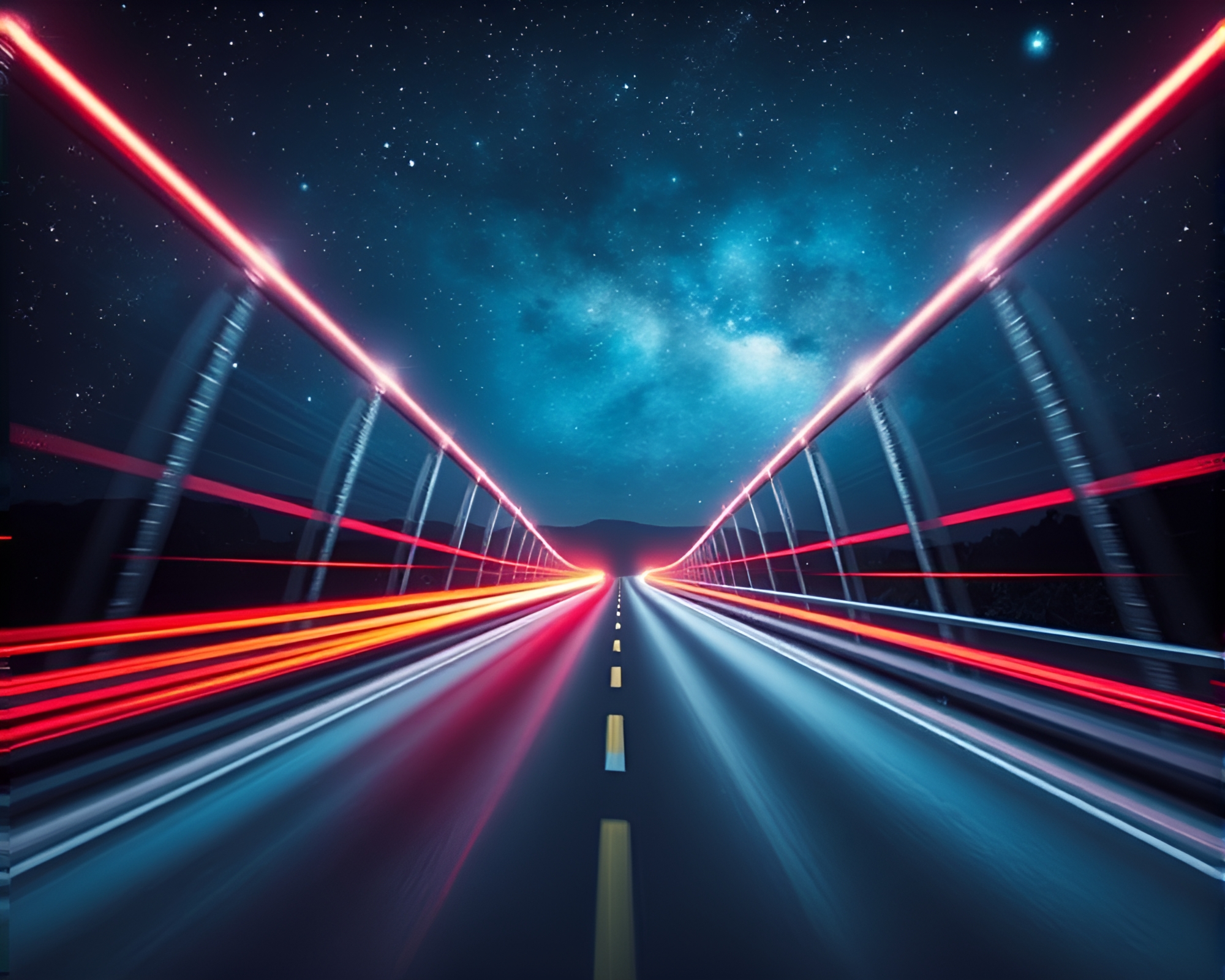 Neon car light trails on cosmic glass bridge – free AI stock image