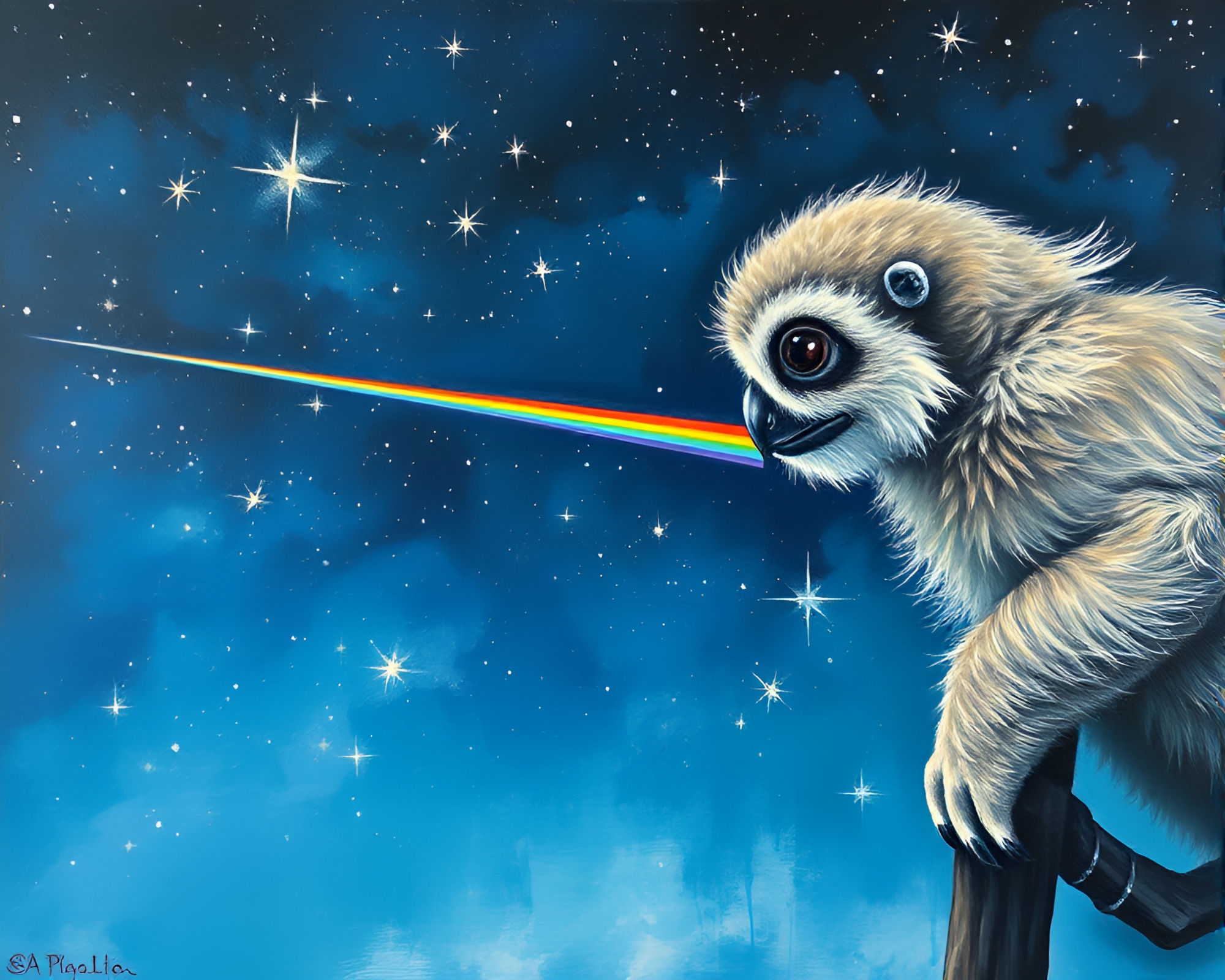 Prismatic Sloth under Starlit Sky in Oil Painting – free AI stock image