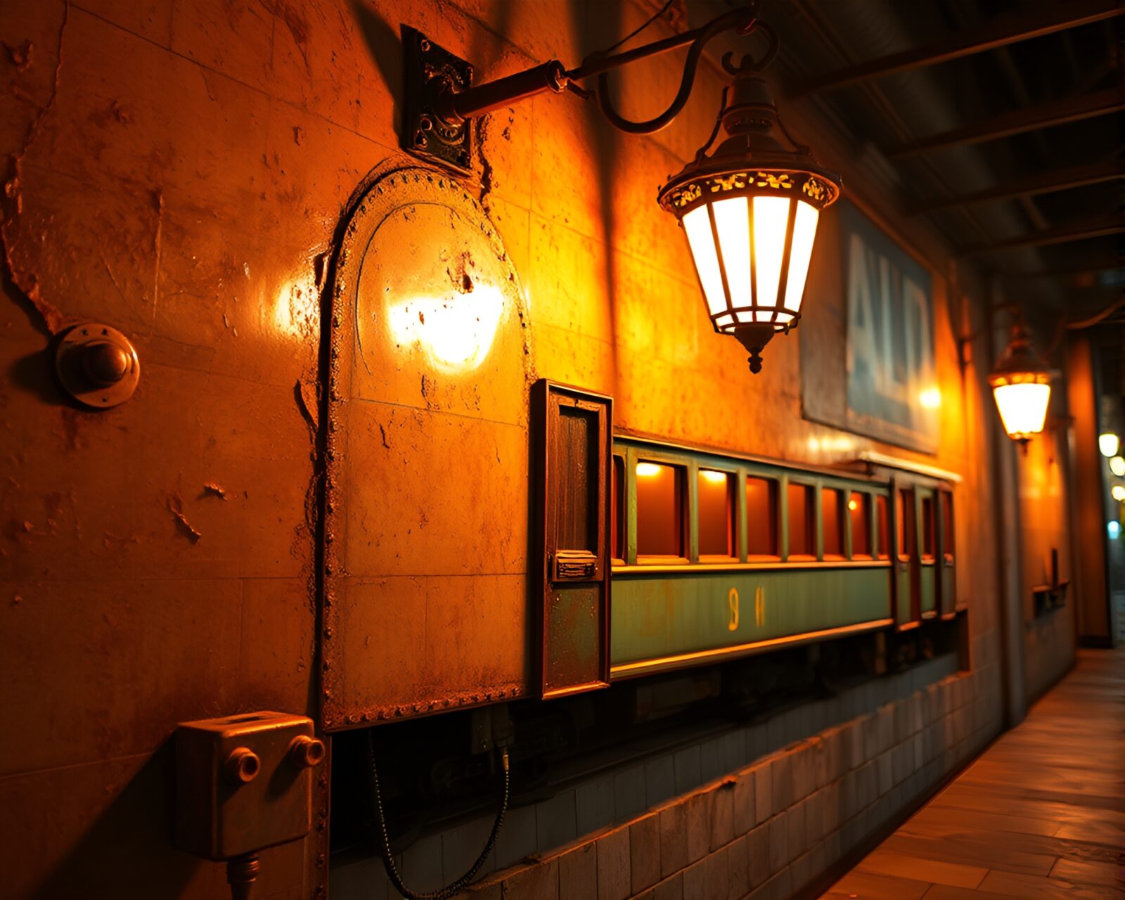 Futuristic stagecoach with green copper details in cozy porch light