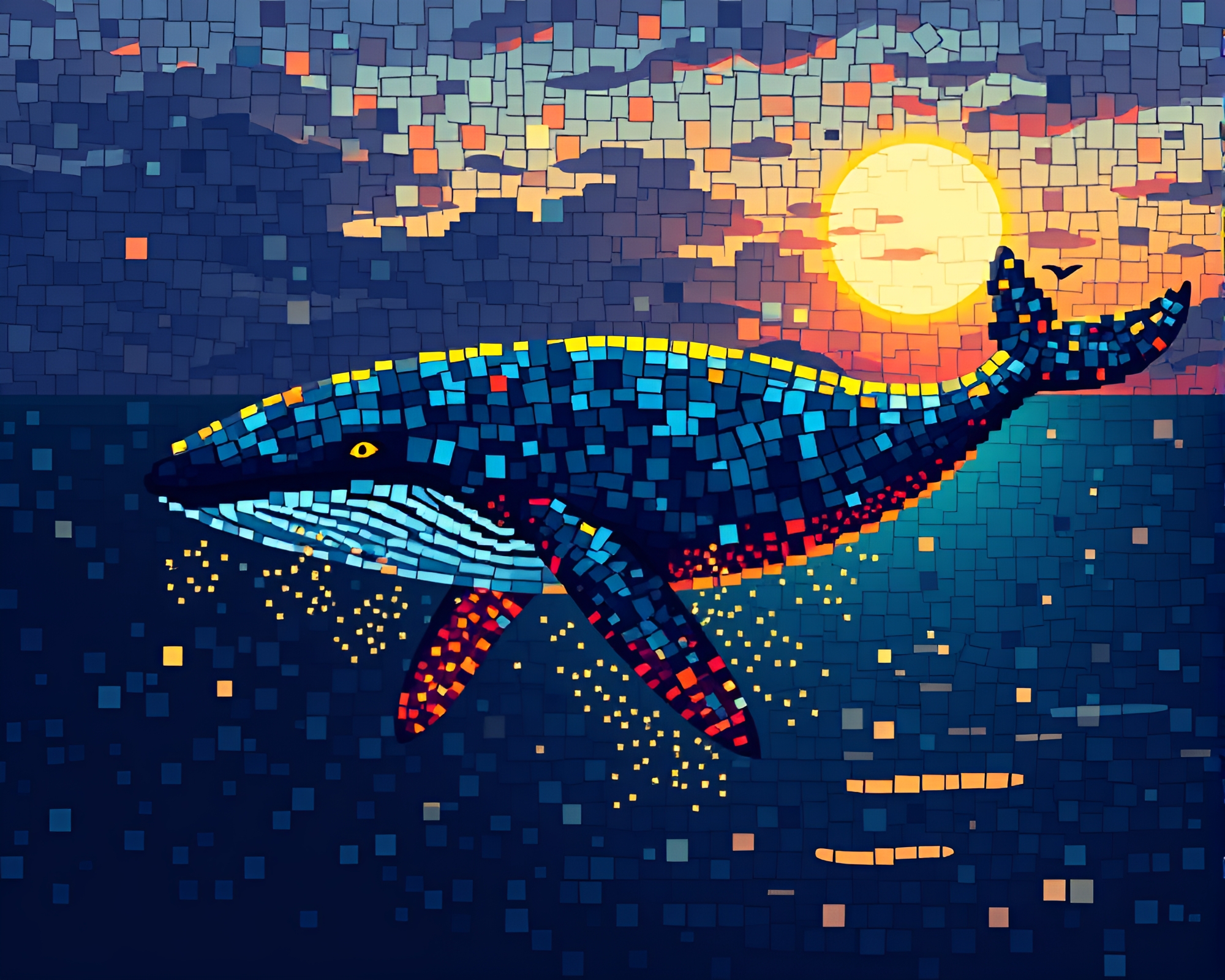 Whale in Pixelated Twilight: Fragmented Mosaic Masterpiece – free AI stock image