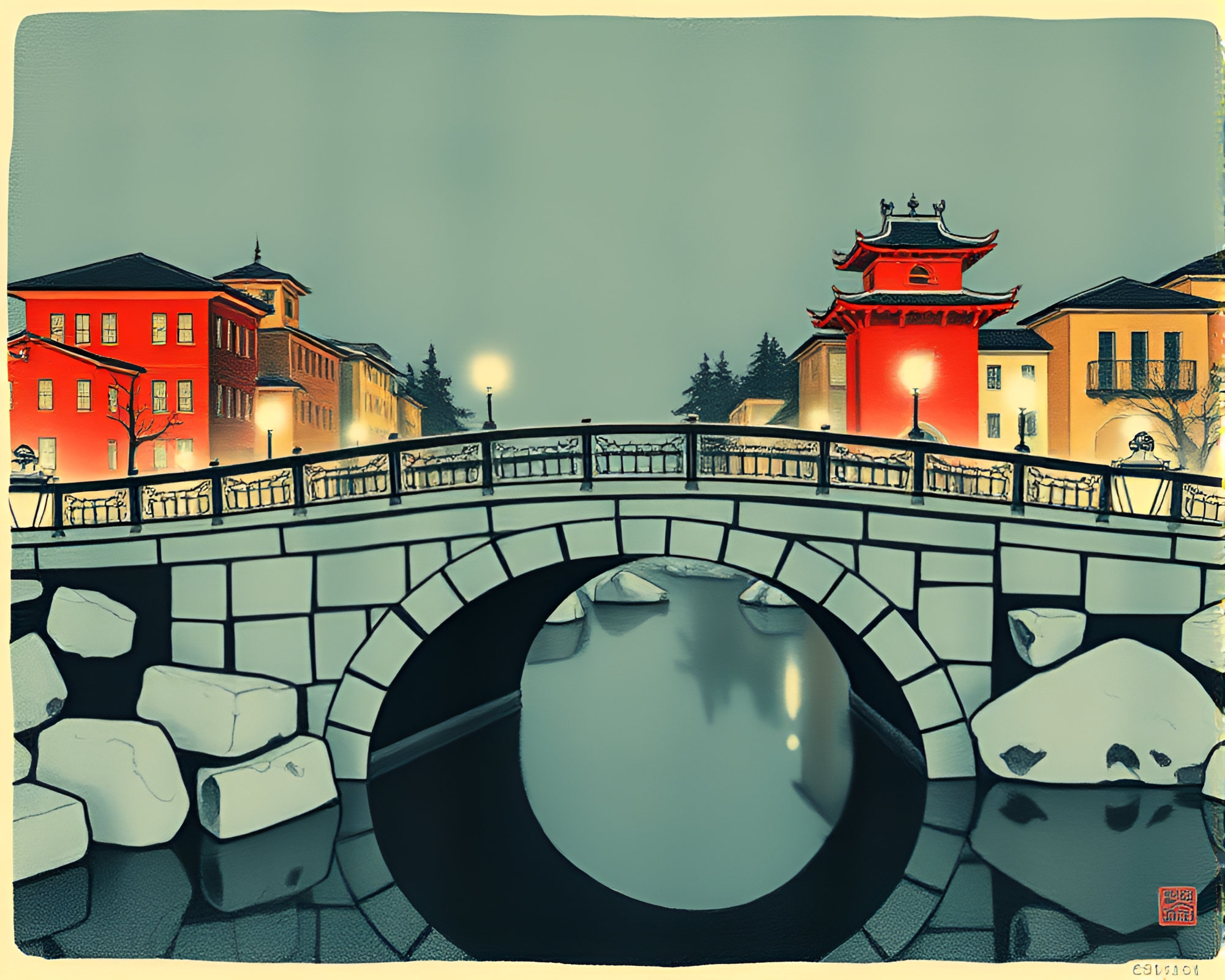 Glass Bridge Cloth Simulation Woodblock Print – free AI stock image