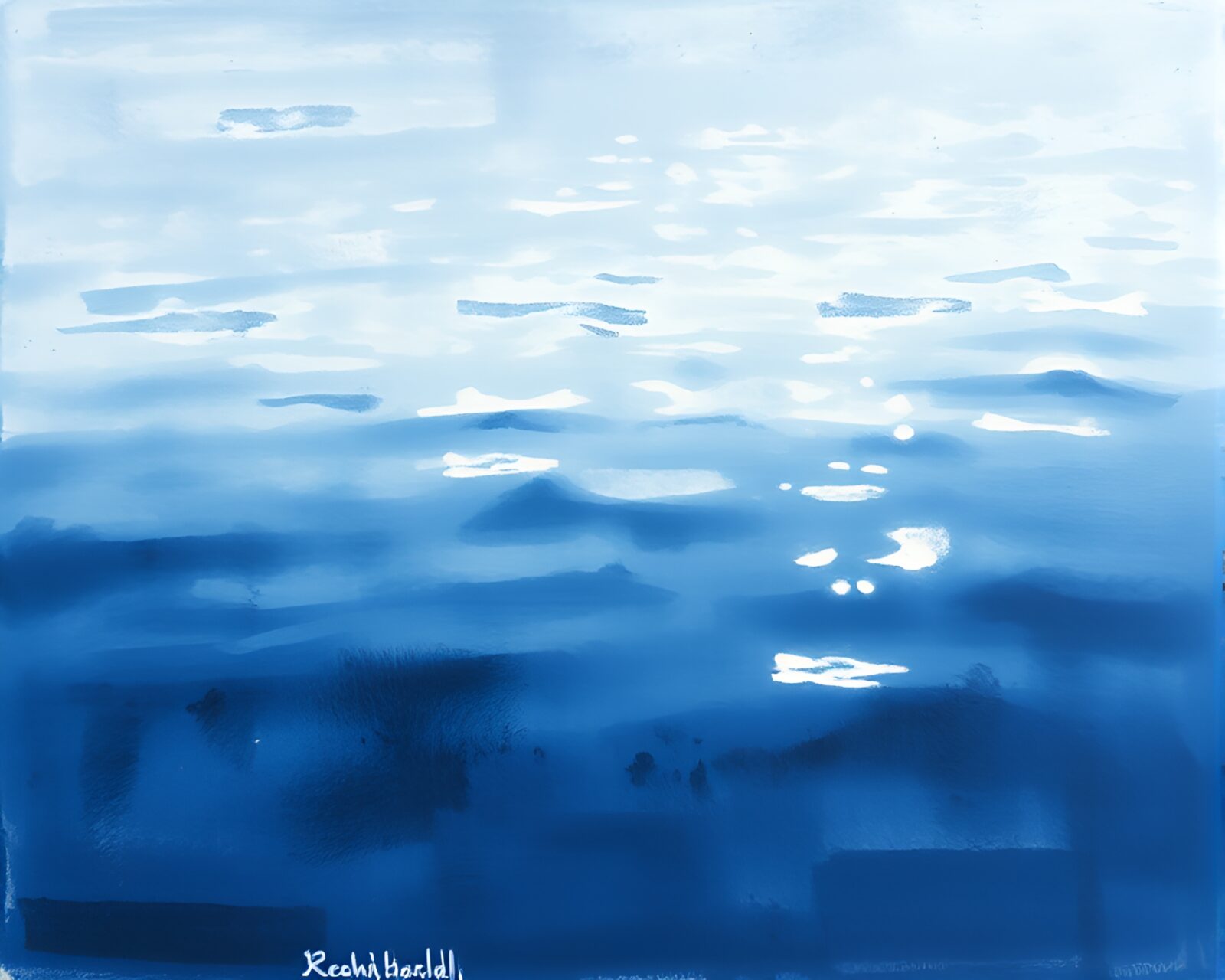 Eerie écorché study by the ocean in deep blue hues