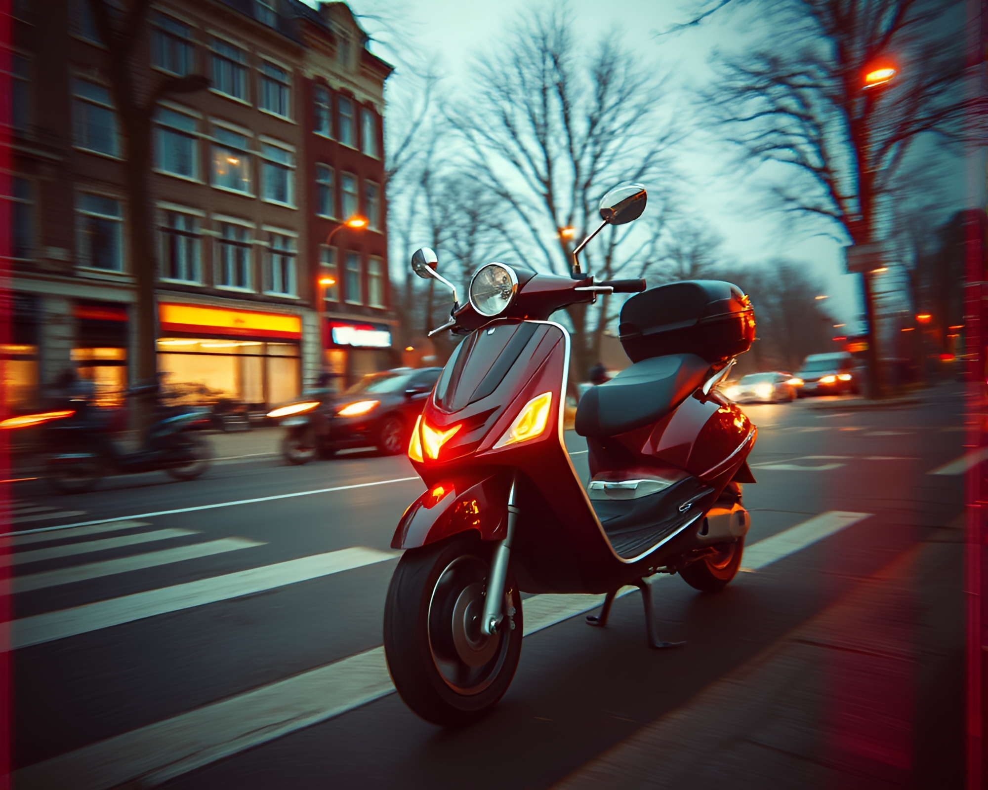 Electric scooter rider in glitchy Dutch angle shot – free AI stock image