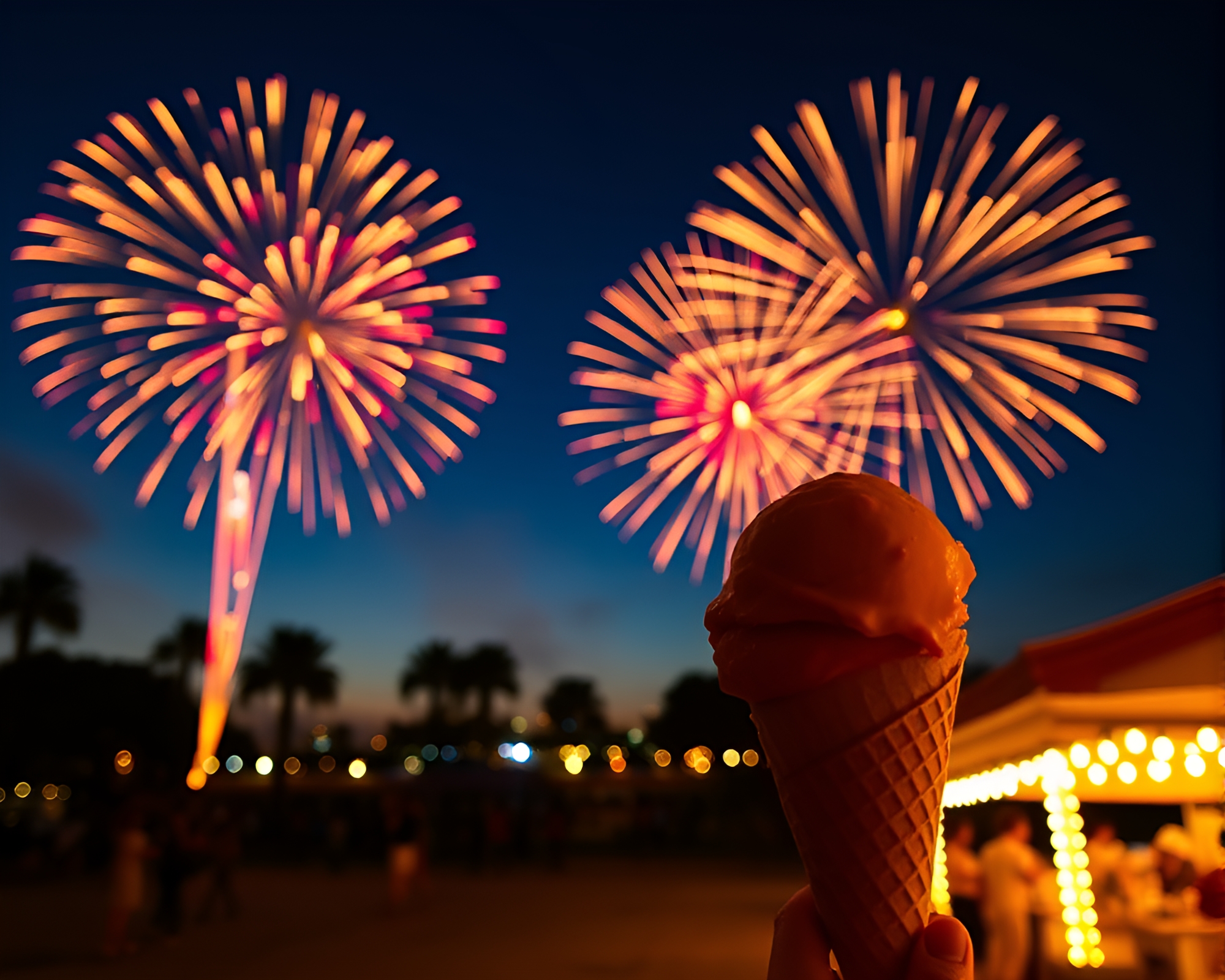 Fireworks Burst Over Gelato Cone at Golden Hour – free AI stock image