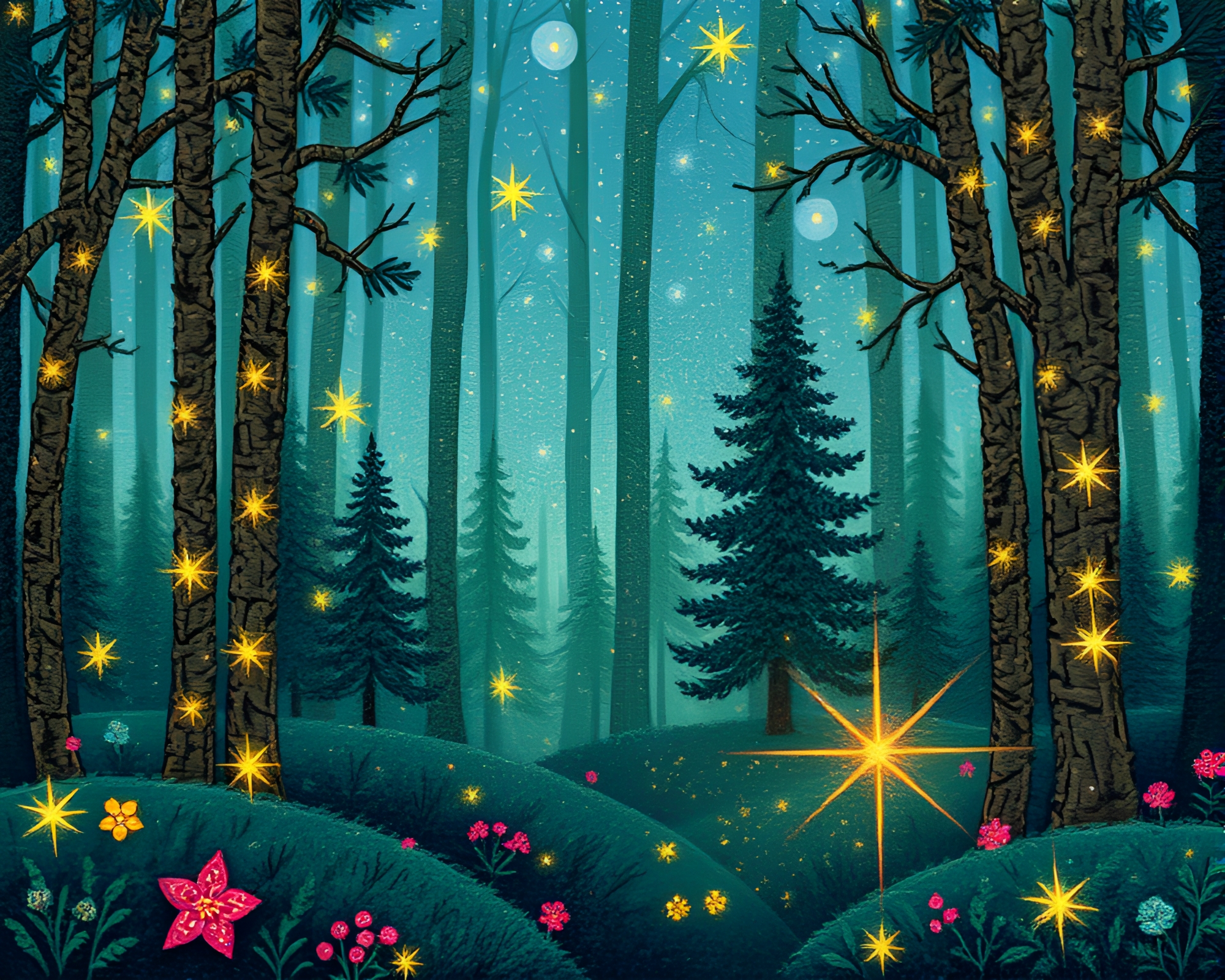 Enchanted Forest Stitched Pattern with Fairy Light Sparkle – free AI stock image