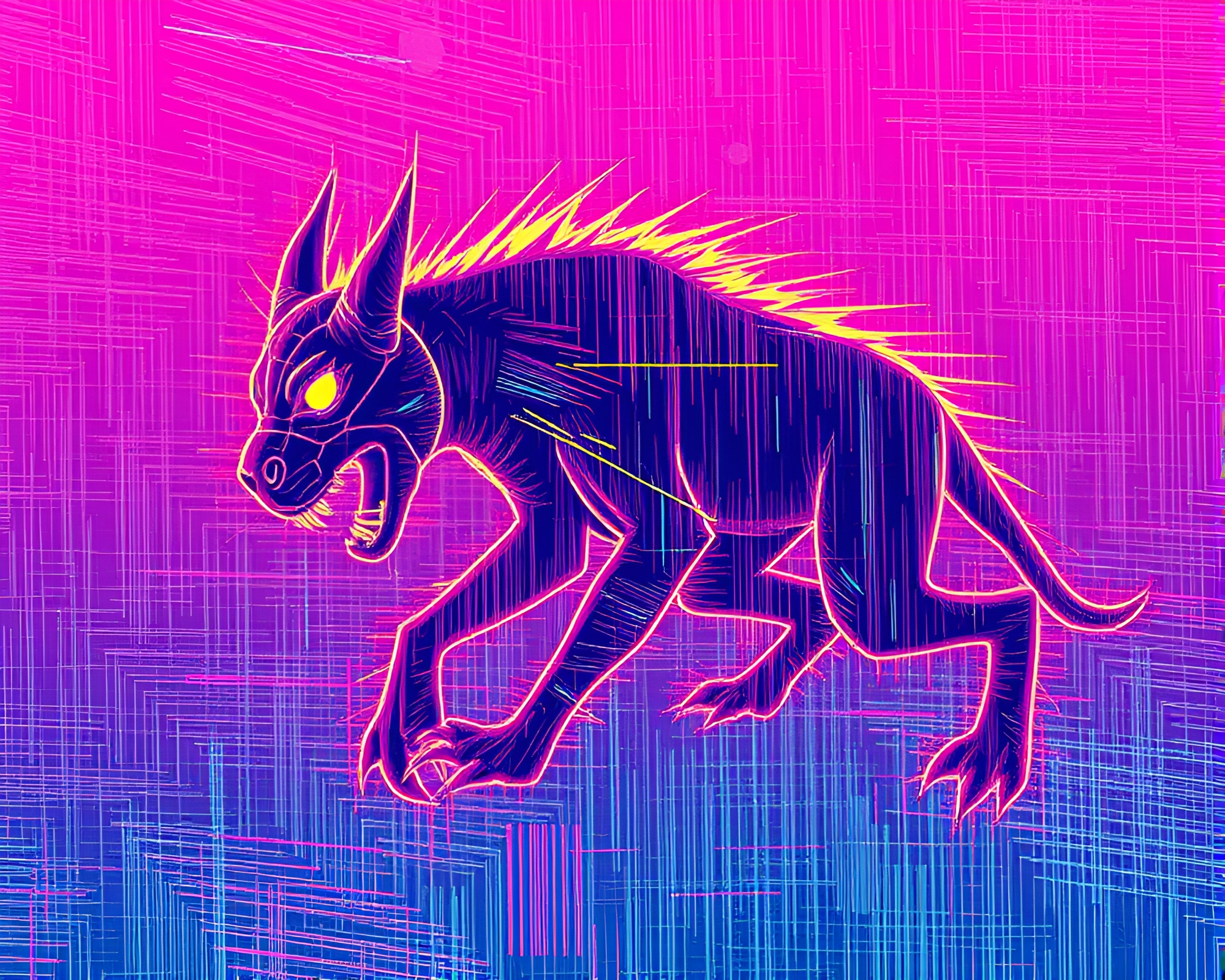 Neon Cerberus Guardian in Cross-processed Scratch Textures – free AI stock image