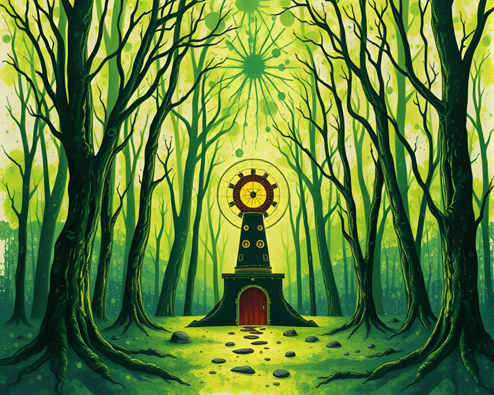 Mystical forest with torn paper revealing glowing energy device