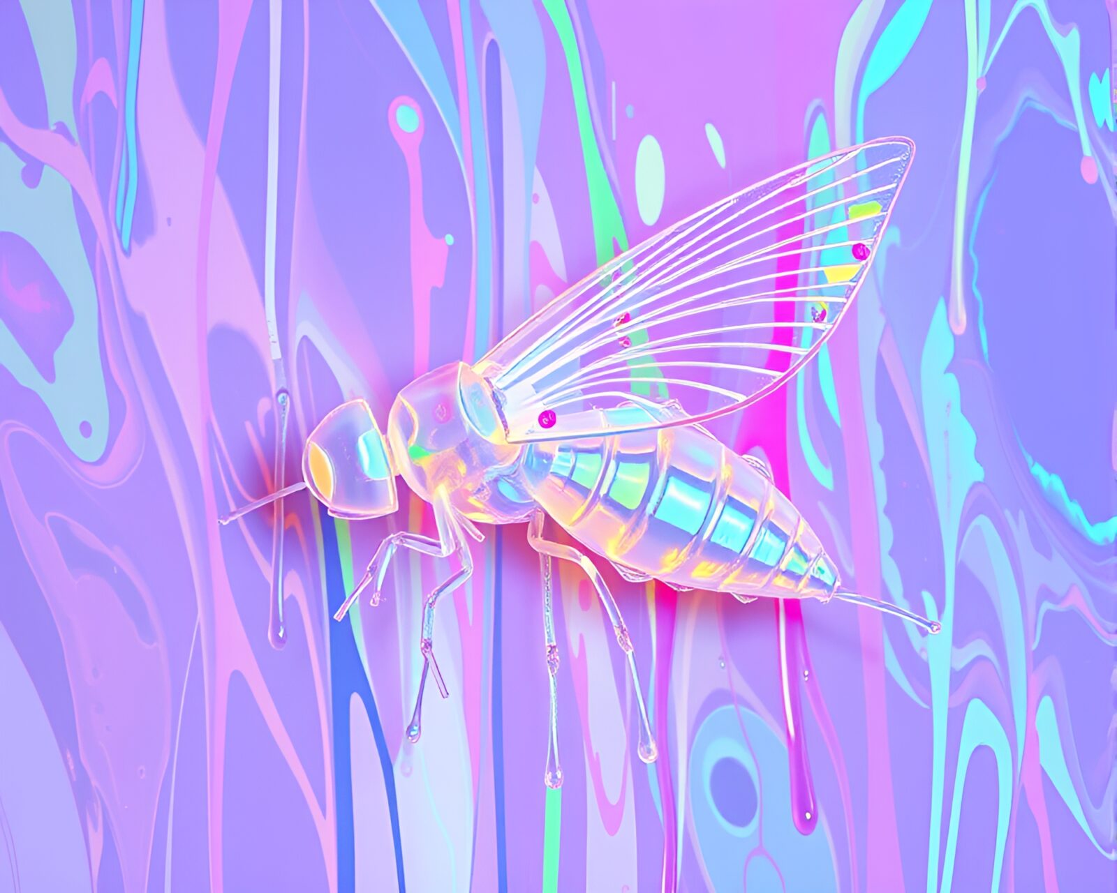 Colorful serpentine holographic creature in a neon jungle